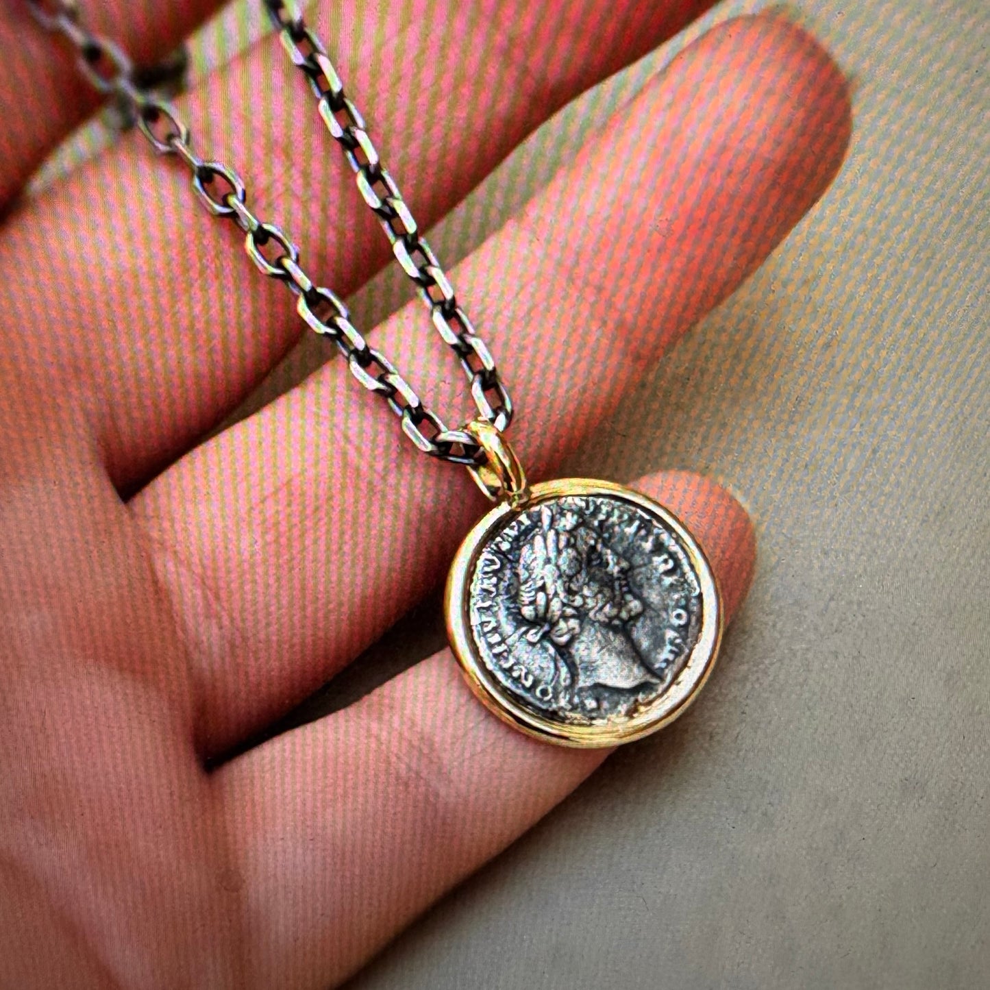 Special order - Genuine silver Roman coin pendant with a 9ct yellow gold frame pendant