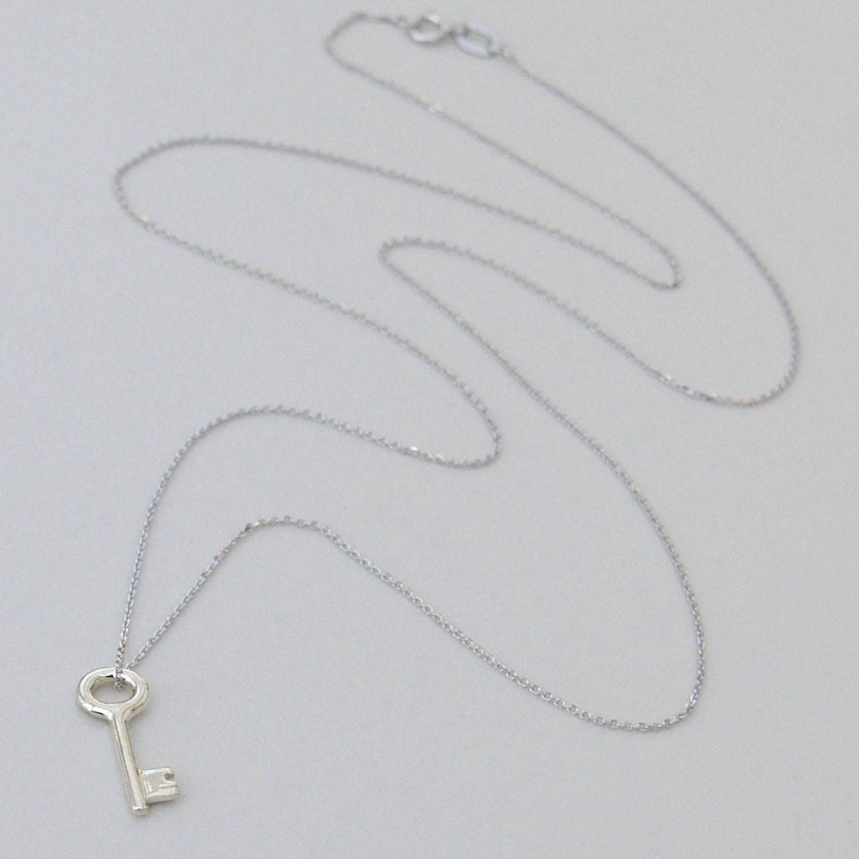 9ct solid white gold small and dainty key charm pendant and chain