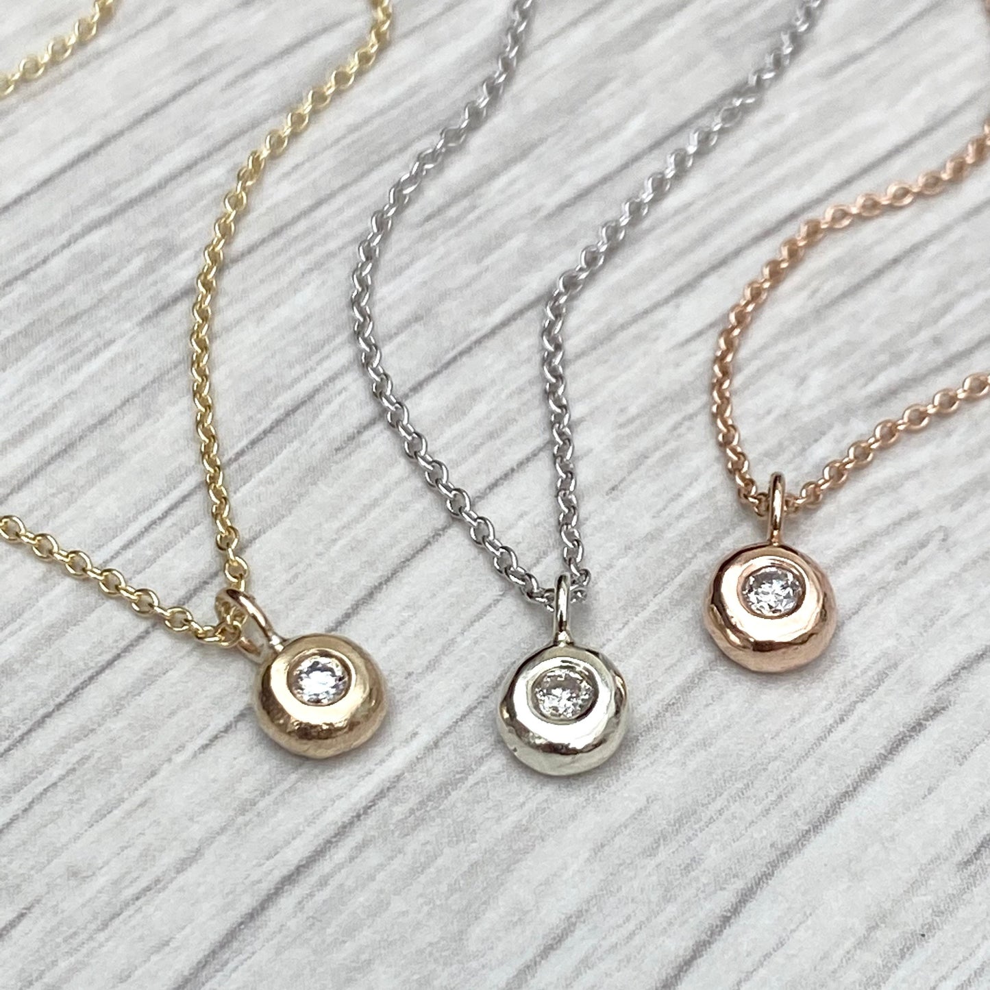 Handmade 9ct solid yellow, white or rose gold 2.5mm round natural diamond pendant on a trace chain