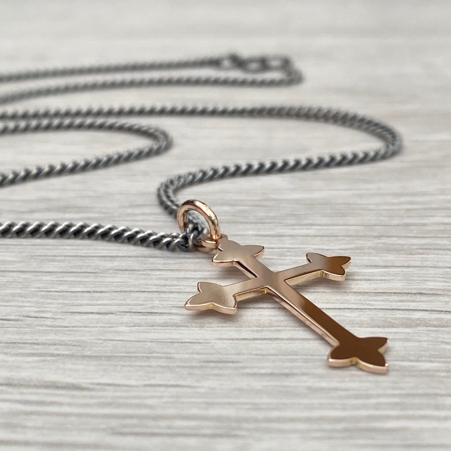 Vintage 9ct rose gold forked cross pendant on a new oxidised silver 2.4mm wide curb chain