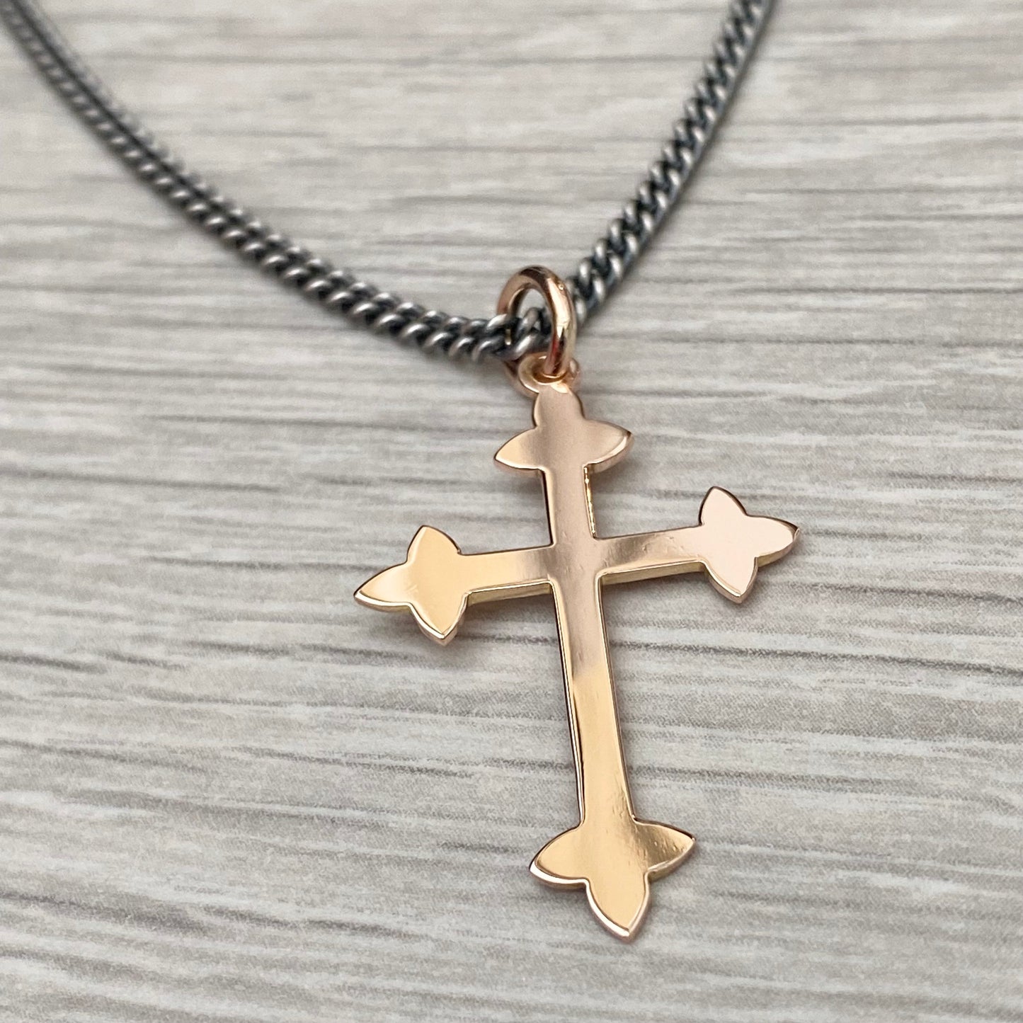 Vintage 9ct rose gold forked cross pendant on a new oxidised silver 2.4mm wide curb chain