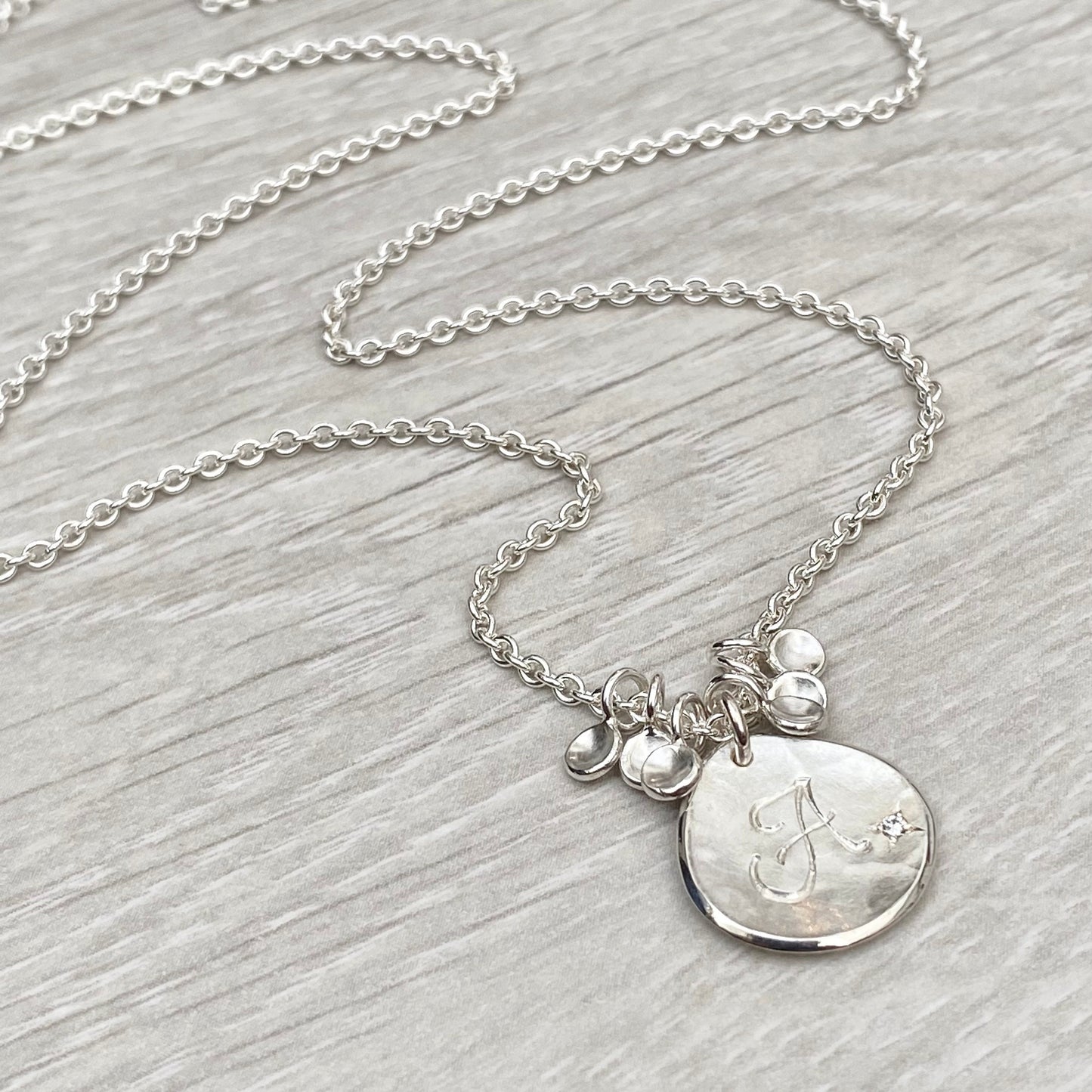 Handmade solid silver 16mm diamond petal charm pendants on a trace chain - Personalised with any letter
