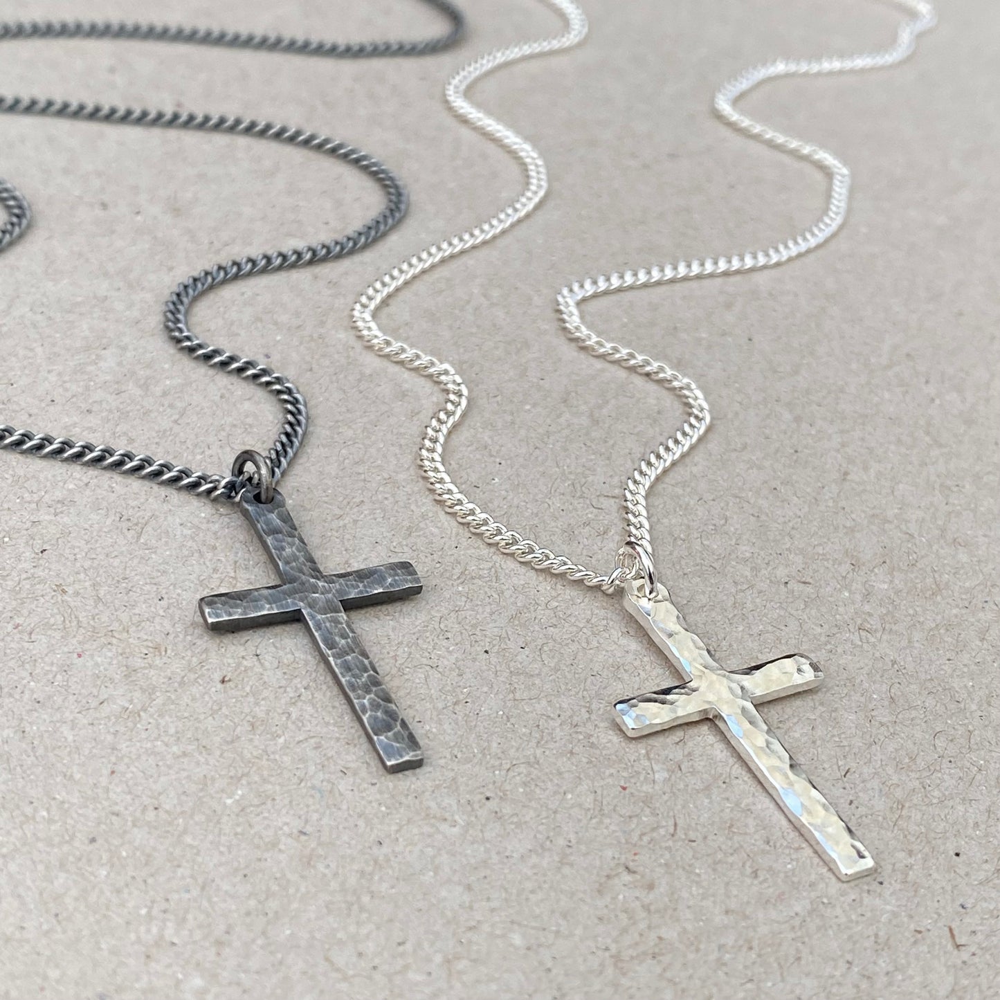 Solid silver standard size hammered cross pendant and on a 2.1mm wide tight curb chain -Oxidised or polished