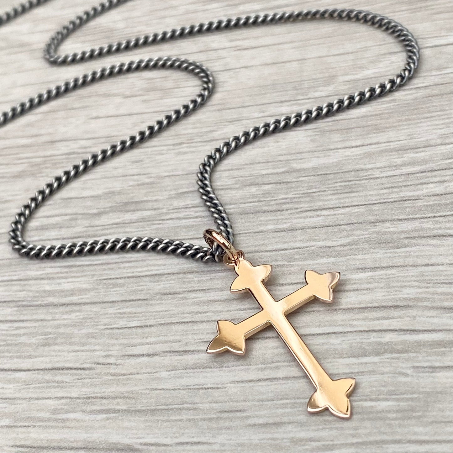 Vintage 9ct rose gold forked cross pendant on a new oxidised silver 2.4mm wide curb chain