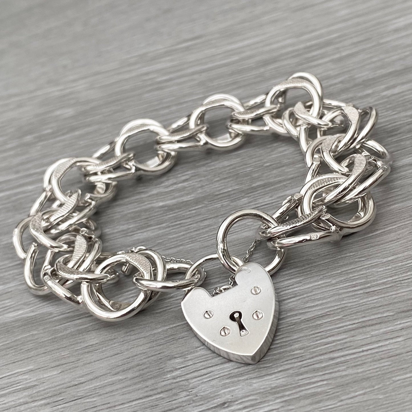 Vintage 1970s silver heart padlock fancy wide link 7.5" bracelet