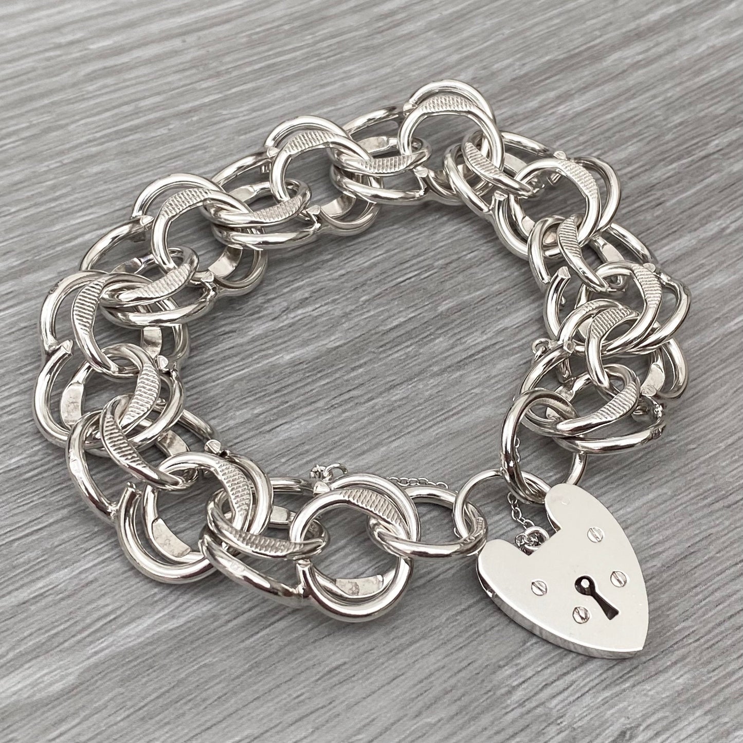 Vintage 1970s silver heart padlock fancy wide link 7.5" bracelet
