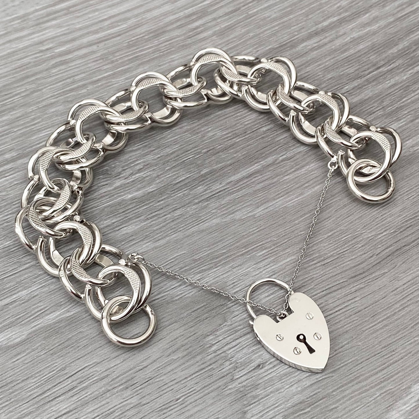 Vintage 1970s silver heart padlock fancy wide link 7.5" bracelet