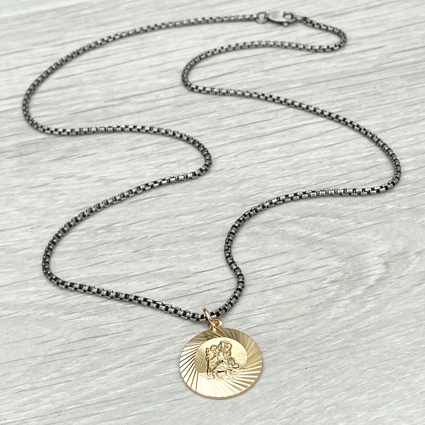 Vintage 9ct yellow gold Saint Christopher pendant - 9k yellow gold - New oxidised silver 2mm round box chain - British vintage jewellery