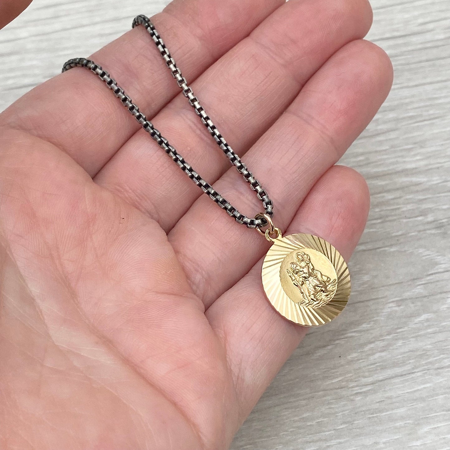 Vintage 9ct yellow gold Saint Christopher pendant - 9k yellow gold - New oxidised silver 2mm round box chain - British vintage jewellery