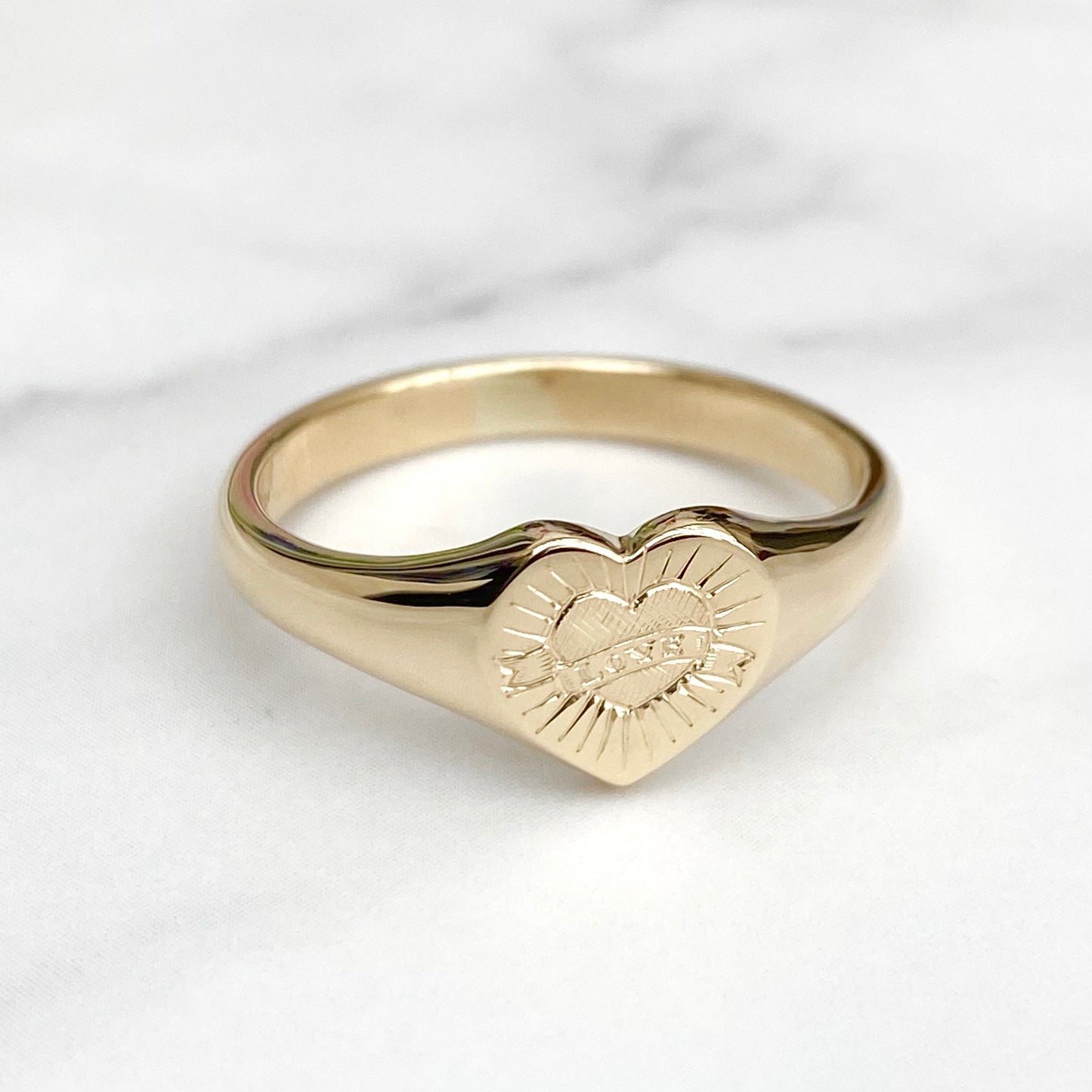 Hand engraved unique love design 9ct yellow gold heart signet ring