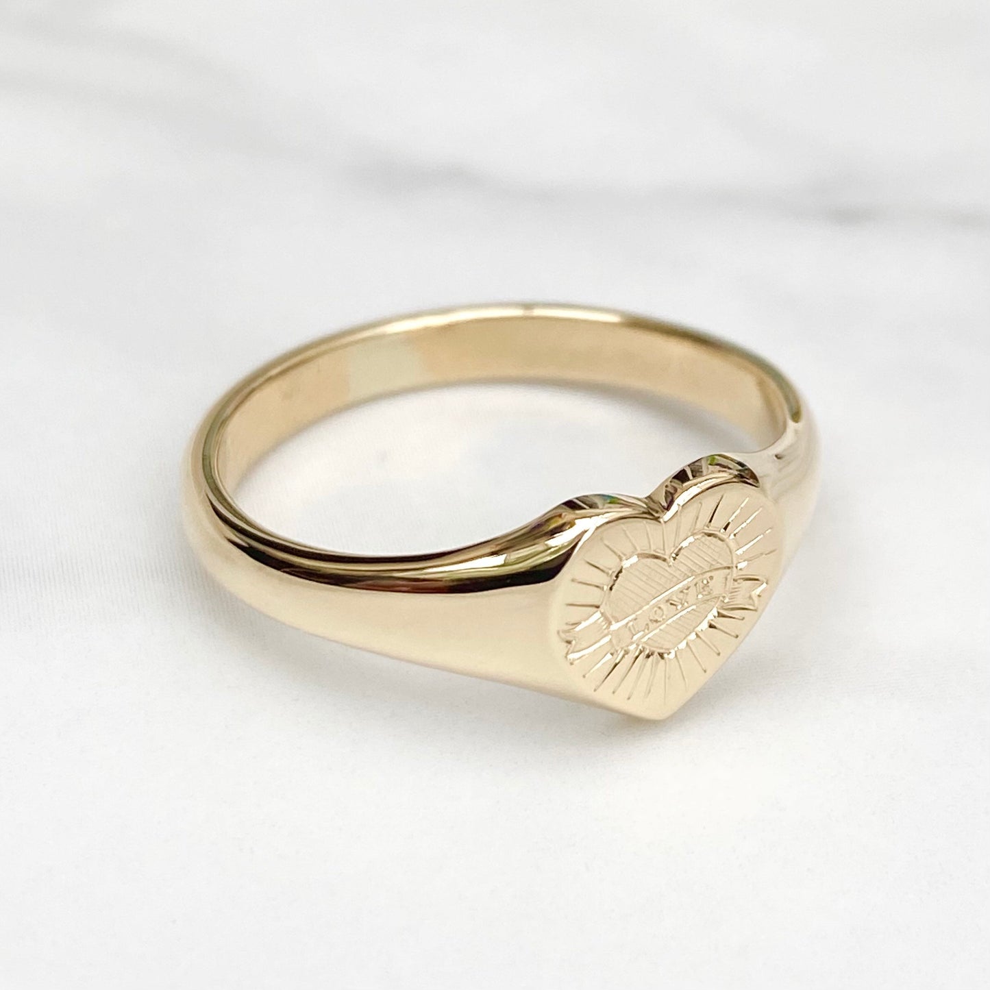 Hand engraved unique love design 9ct yellow gold heart signet ring