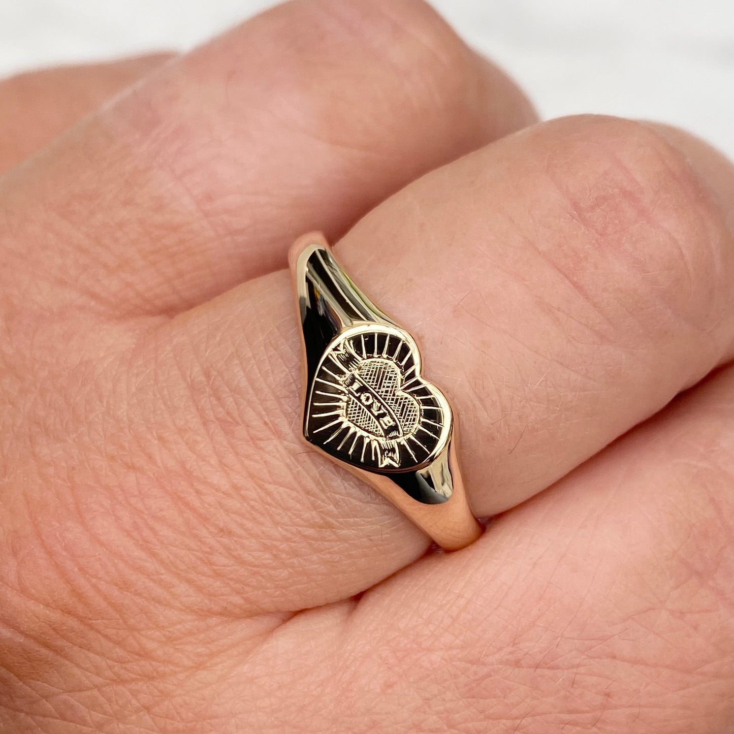 Hand engraved unique love design 9ct yellow gold heart signet ring