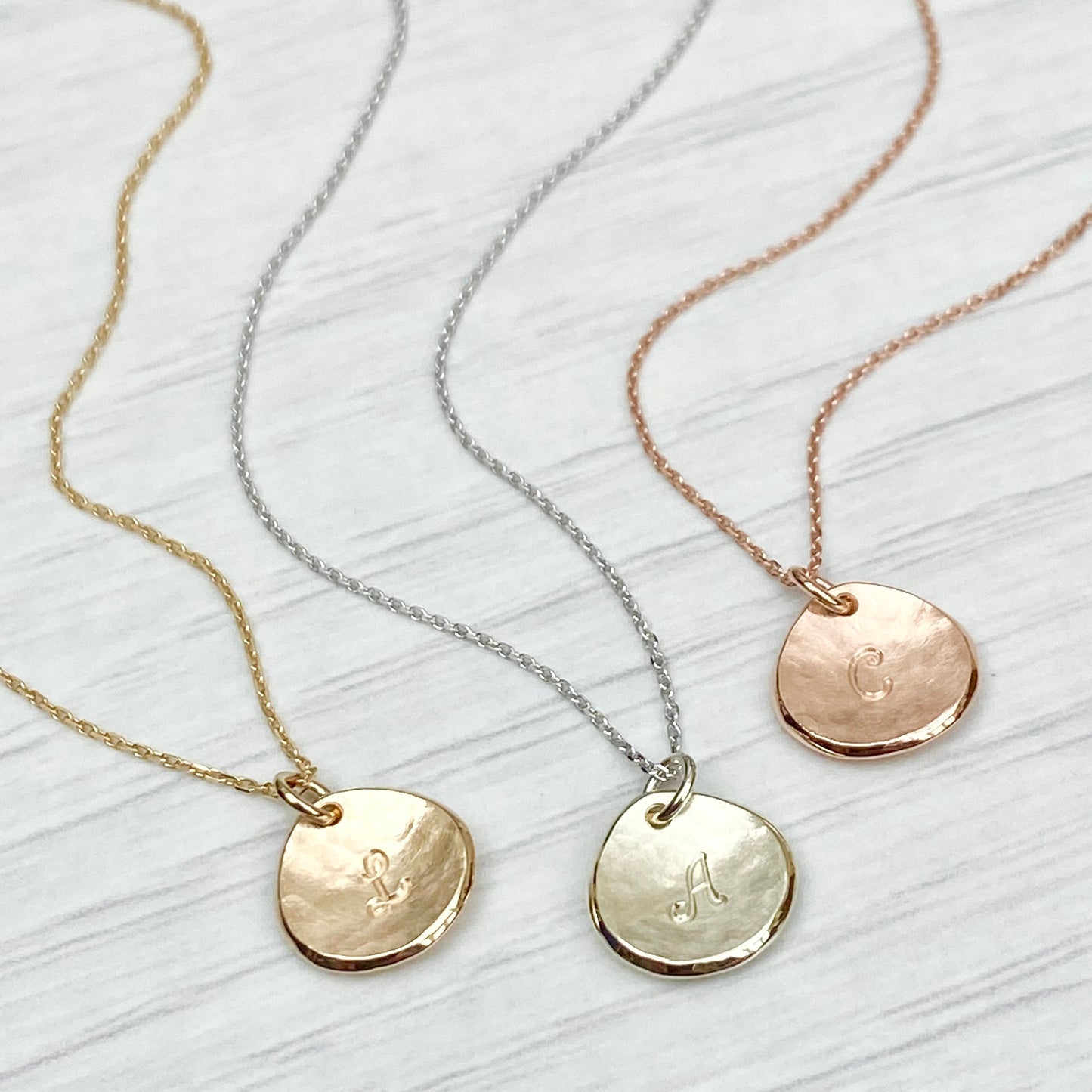 Handmade 9ct solid yellow, rose or white gold 10mm petal charm pendant and chain - Personalised with a letter