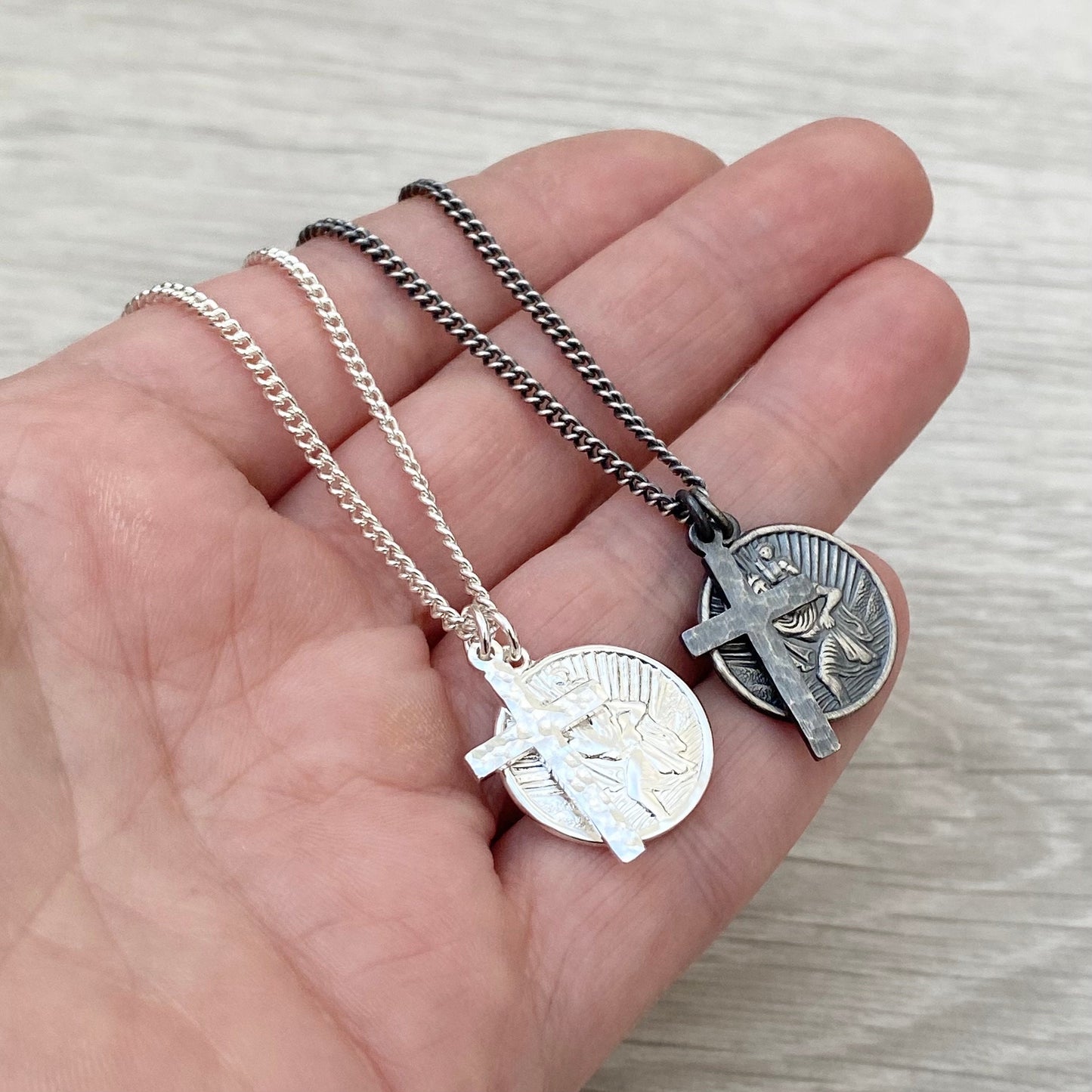 Oxidised or polished solid silver round Saint Christopher and hammered cross pendant and curb chain