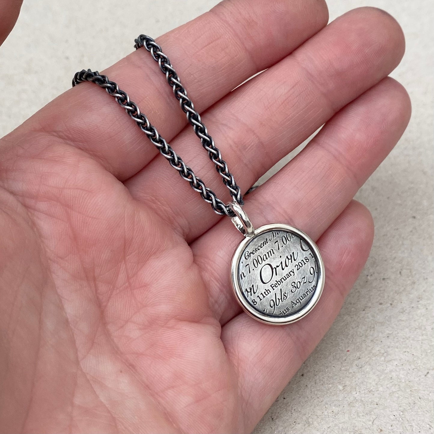 Handmade oxidised or polished solid silver round framed birth story pendant on a spiga chain - Mens jewellery
