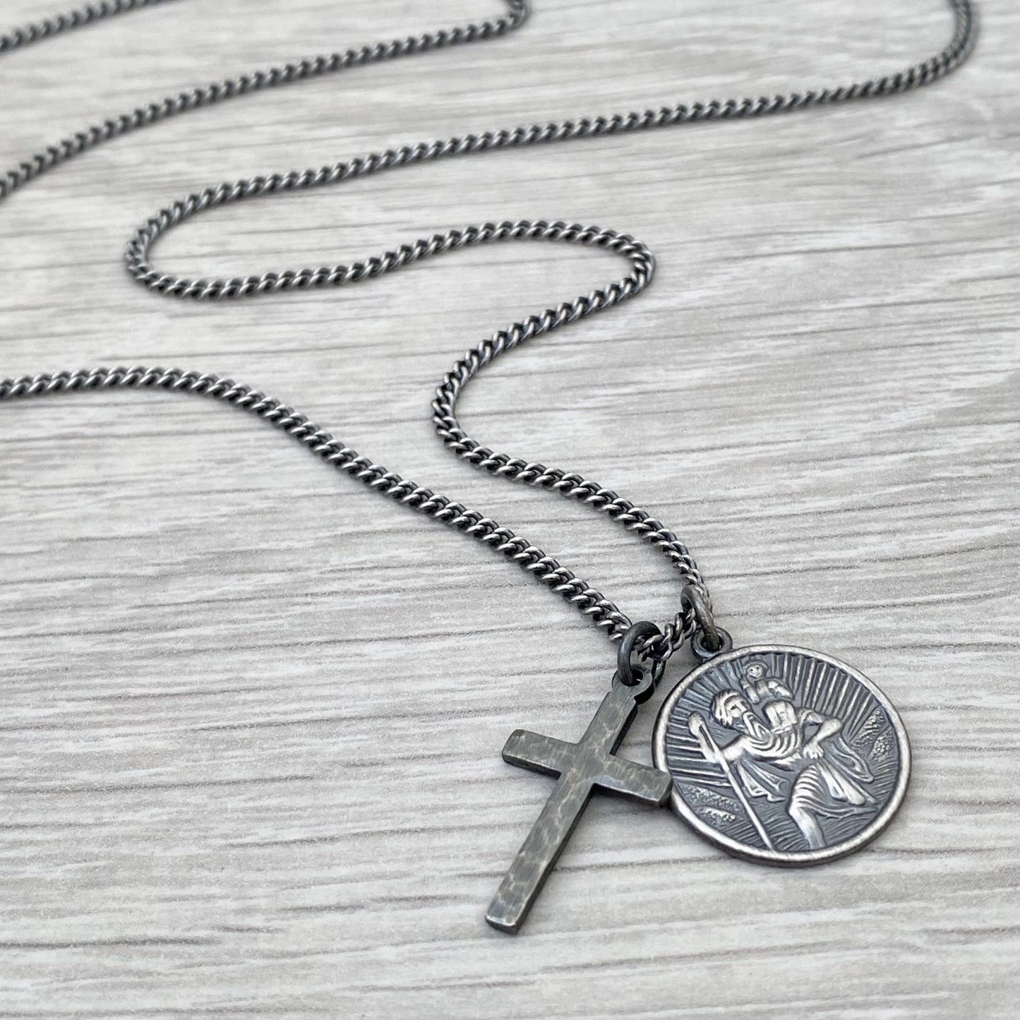 Oxidised or polished solid silver round Saint Christopher and hammered cross pendant and curb chain