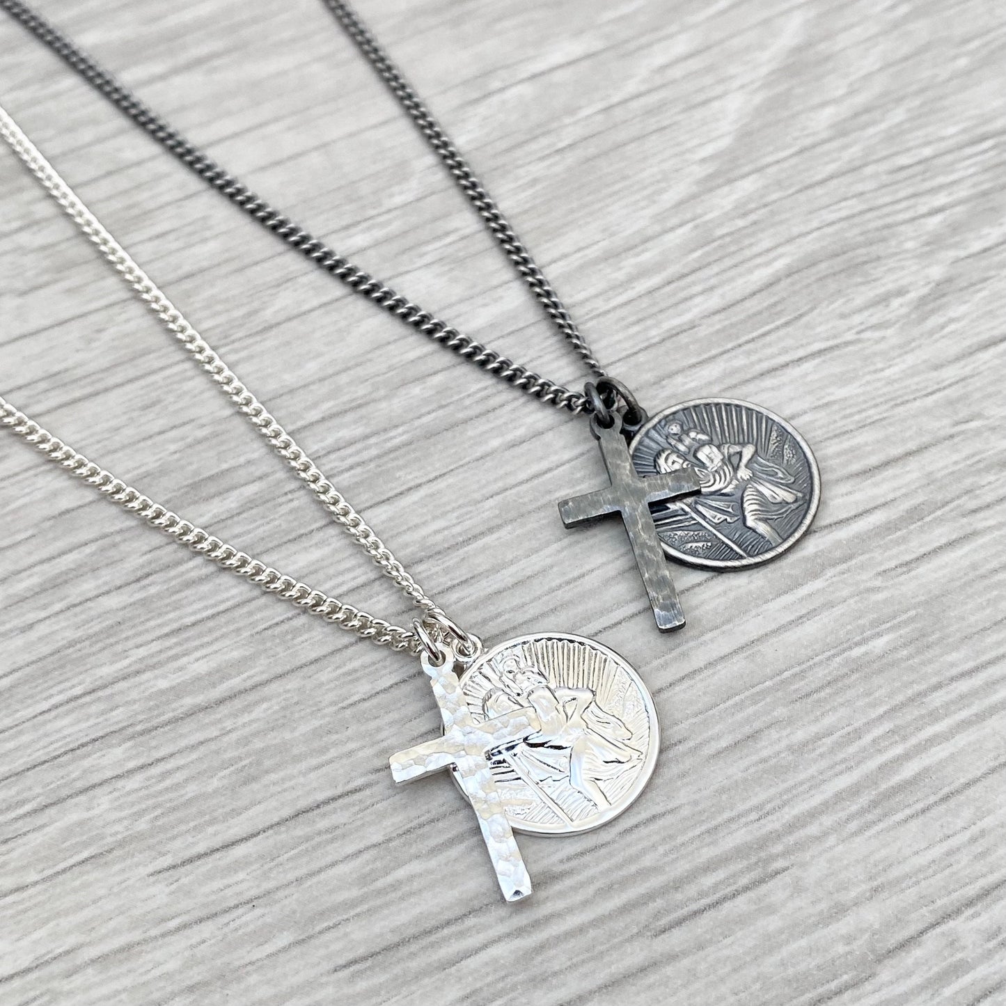 Oxidised or polished solid silver round Saint Christopher and hammered cross pendant and curb chain