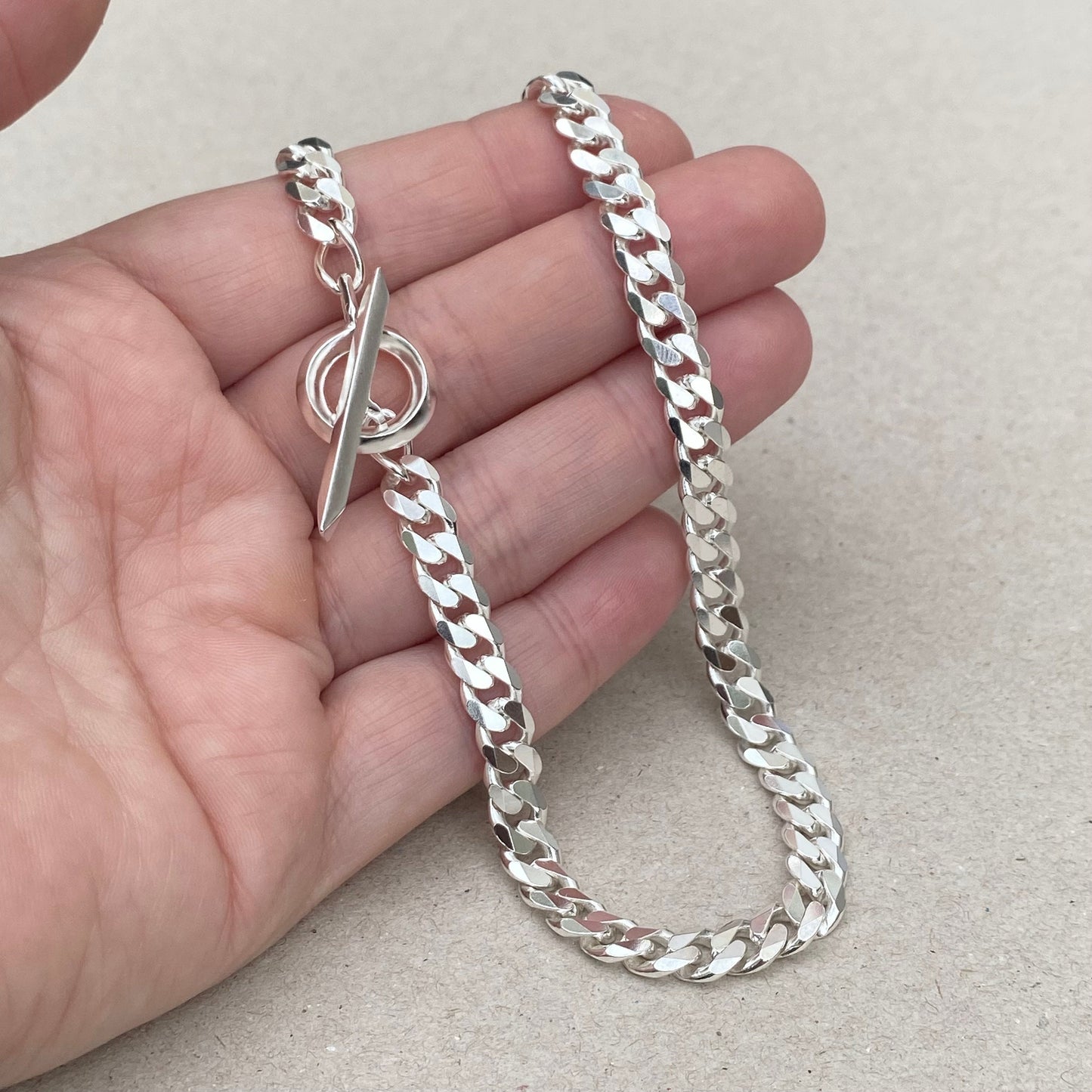 Solid silver heavy 6.6mm wide curb chain with a unique T bar and loop design - Oxidised or polished