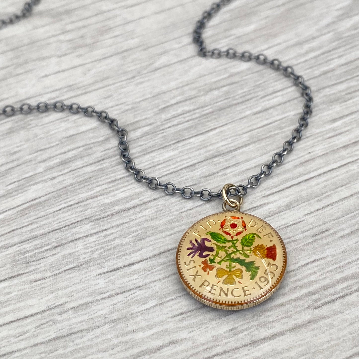 Vintage 1953 gold plated sixpence enamelled pendant on a new oxidised silver 28" trace chain