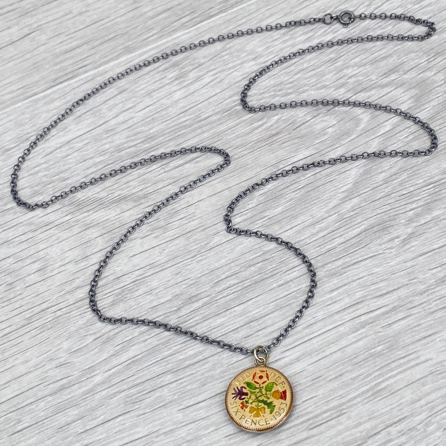Vintage 1953 gold plated sixpence enamelled pendant on a new oxidised silver 28" trace chain