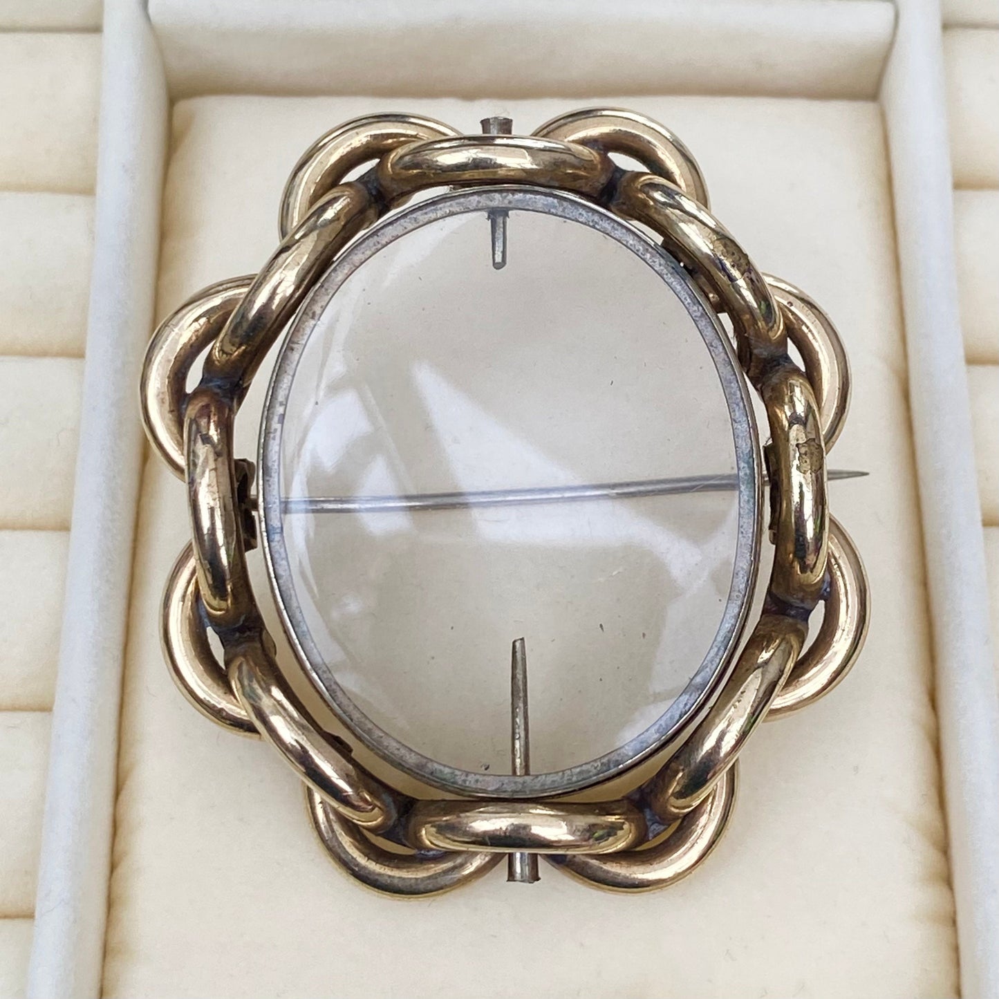 Vintage large gold plated base metal double sided swivel case brooch