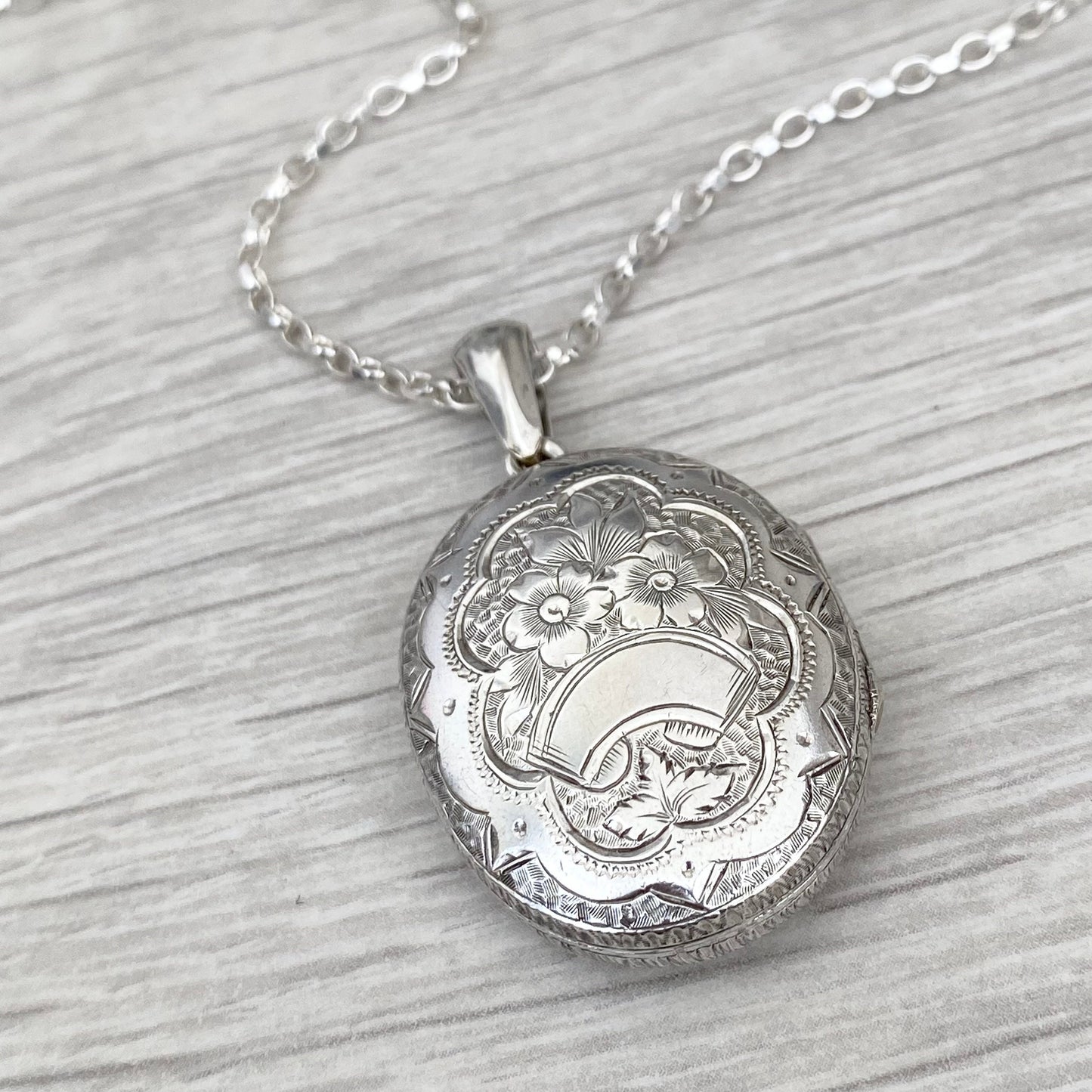 Vintage silver large oval engraved locket pendant on a new 28" trace chain