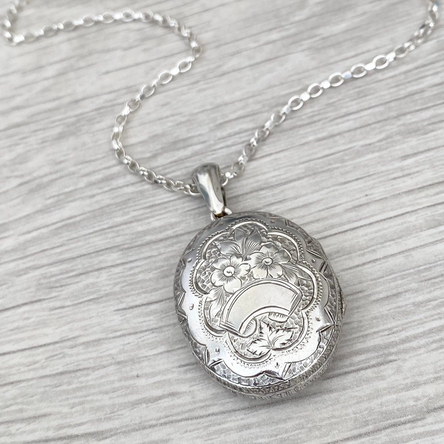 Vintage silver large oval engraved locket pendant on a new 28" trace chain