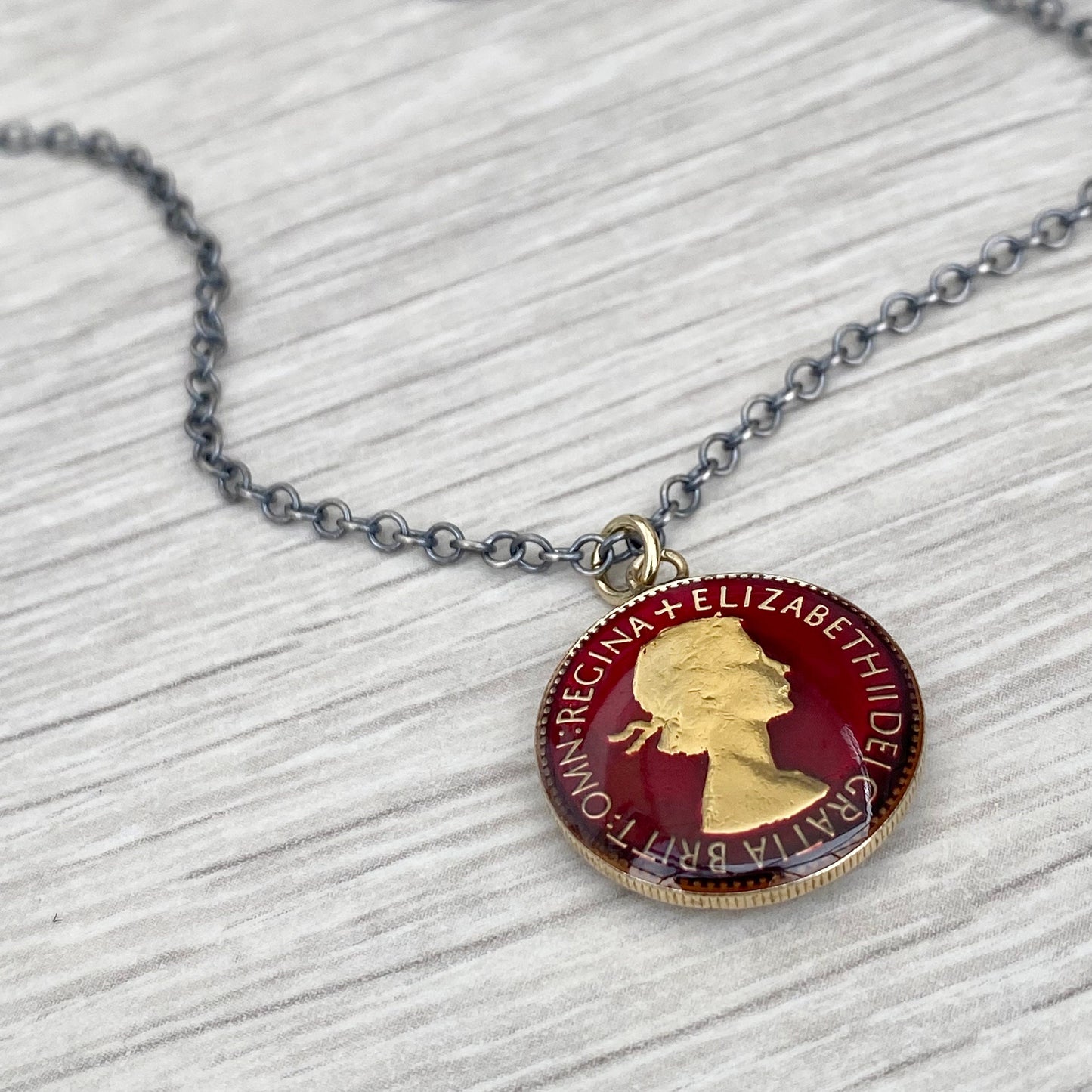 Vintage 1953 gold plated sixpence enamelled pendant on a new oxidised silver 28" trace chain