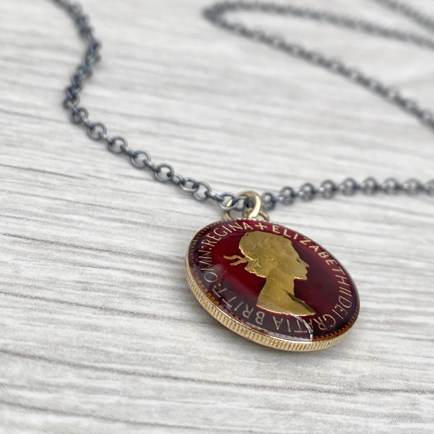 Vintage 1953 gold plated sixpence enamelled pendant on a new oxidised silver 28" trace chain