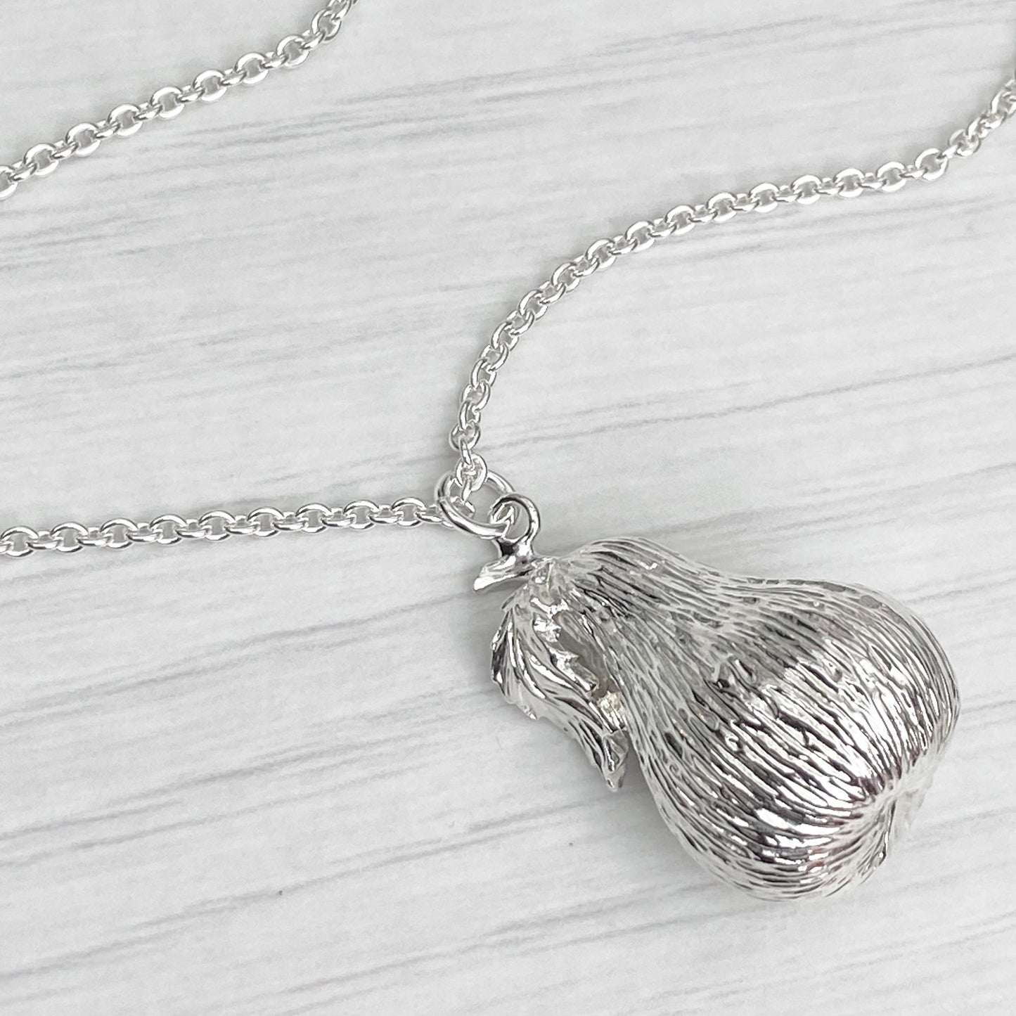 Vintage 1970s large solid silver pear pendant on a new 28” silver trace chain
