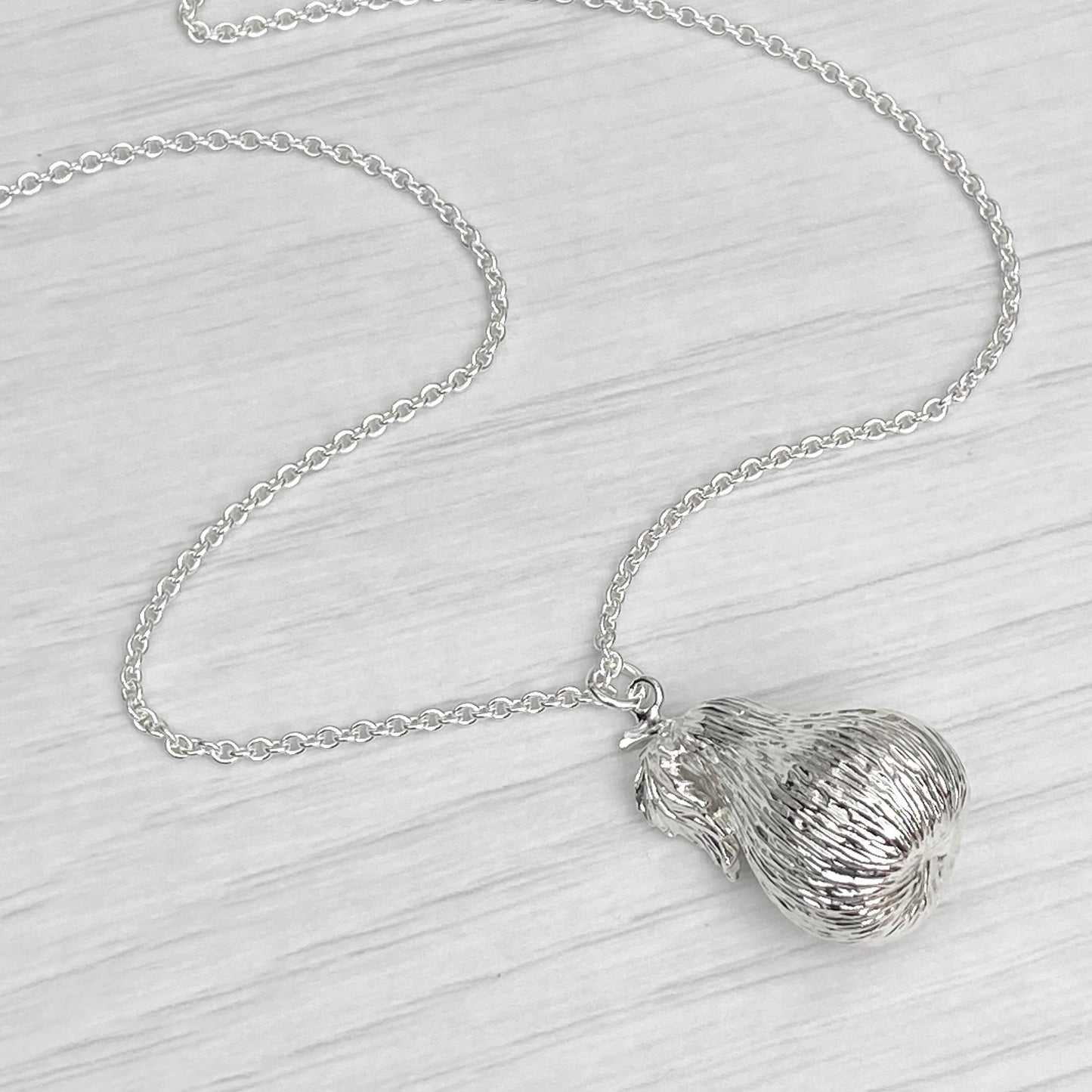Vintage 1970s large solid silver pear pendant on a new 28” silver trace chain