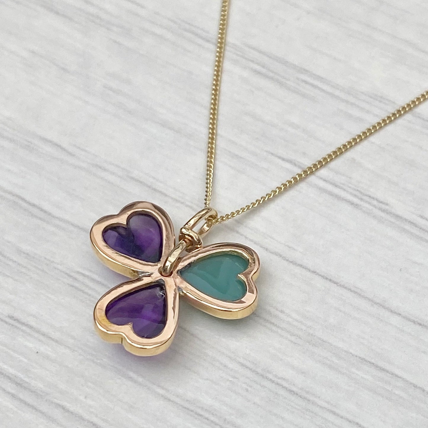 Vintage 9ct yellow chalcedony and amethyst clover pendant on a new 9ct gold chain