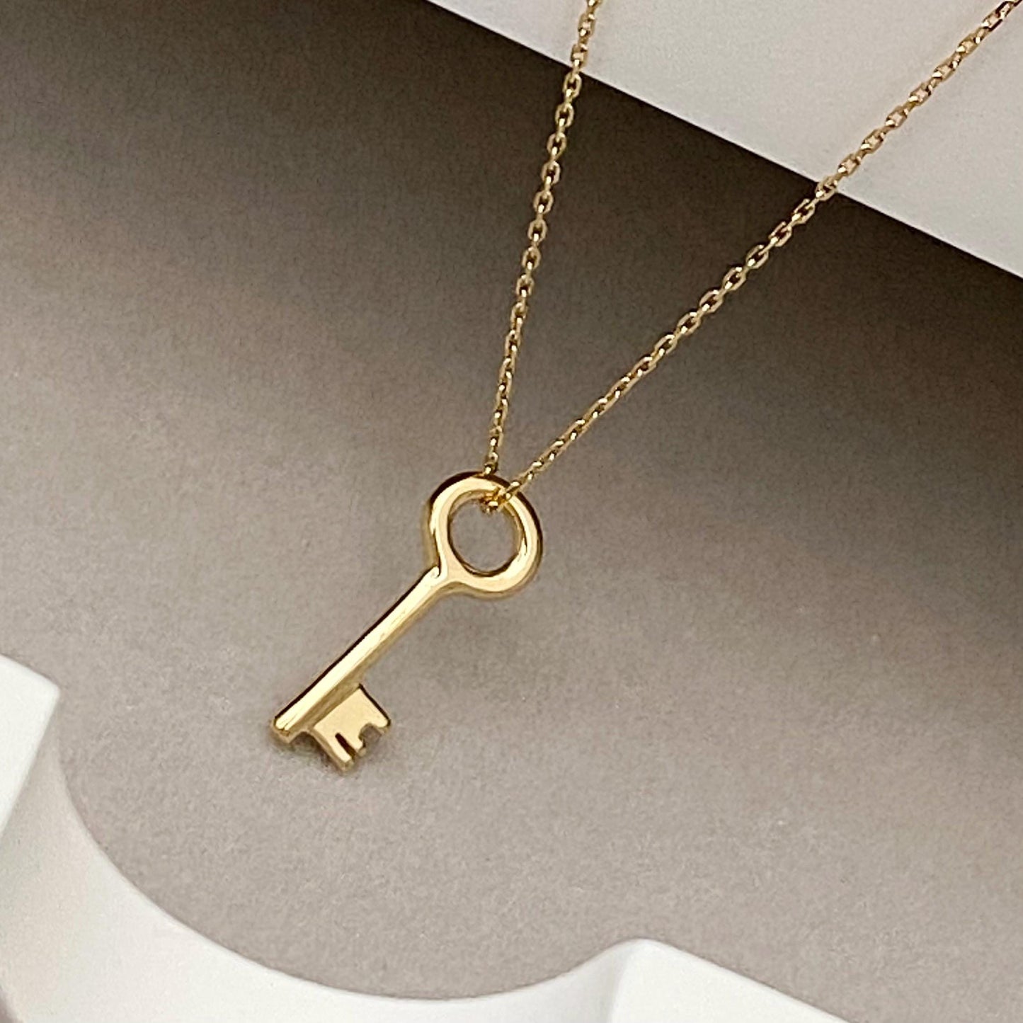 9ct solid yellow gold small and dainty key charm pendant and chain