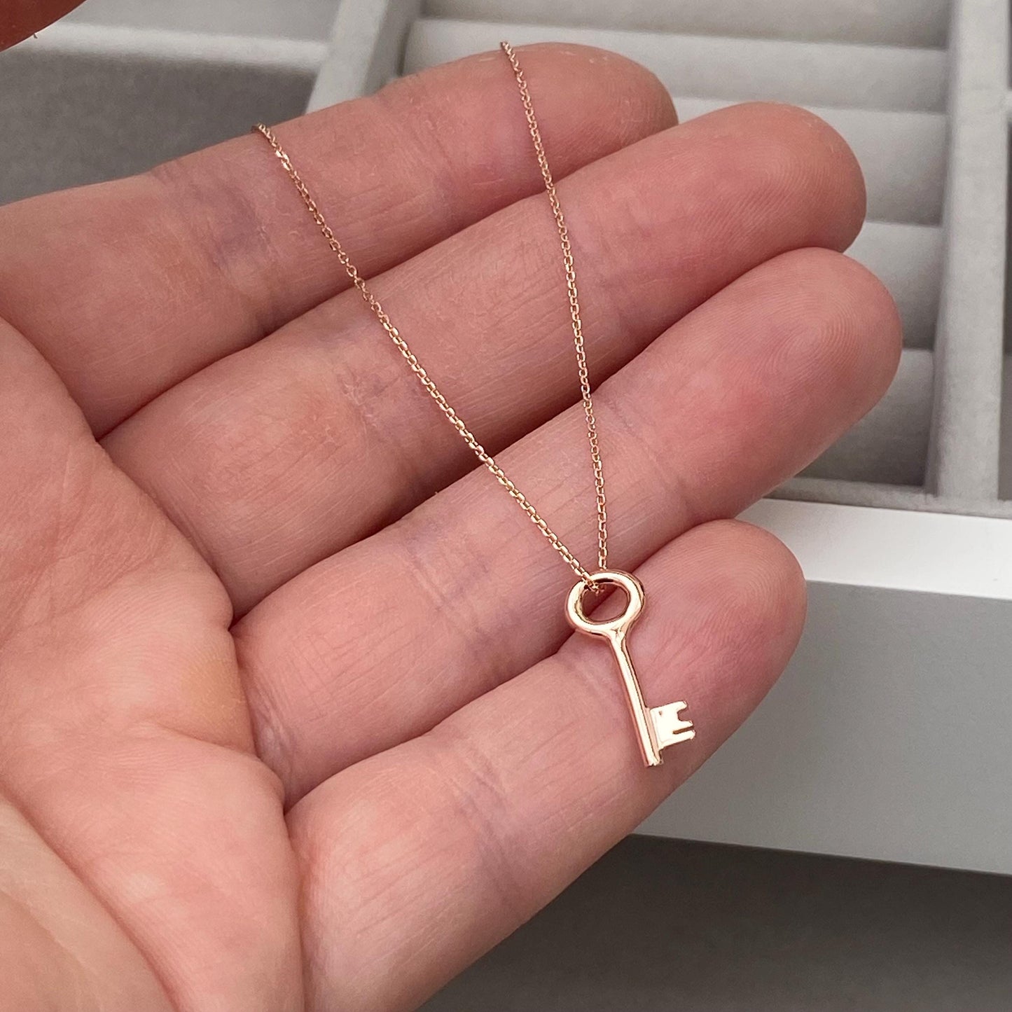 9ct solid rose gold small and dainty key charm pendant and chain