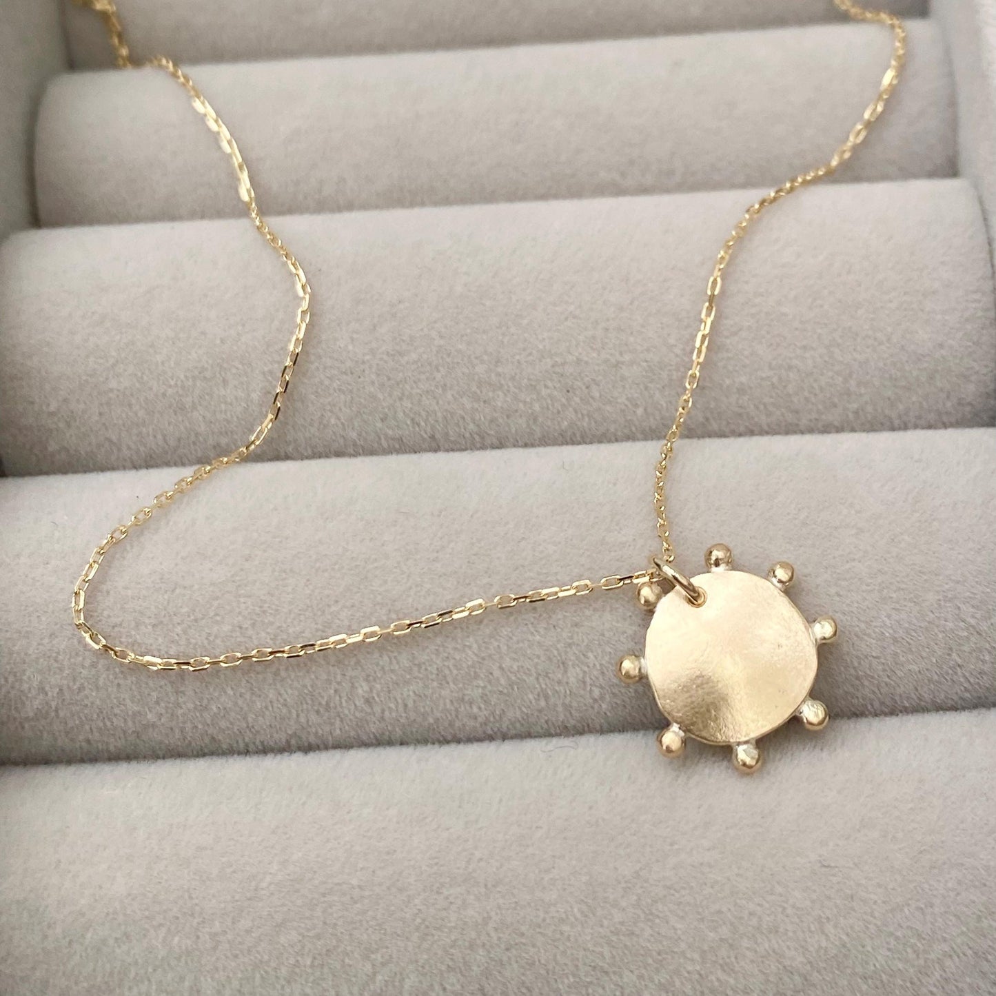 Handmade 9ct solid yellow, rose or white gold sun charm pendant and fine chain - Personalised with a script font initial