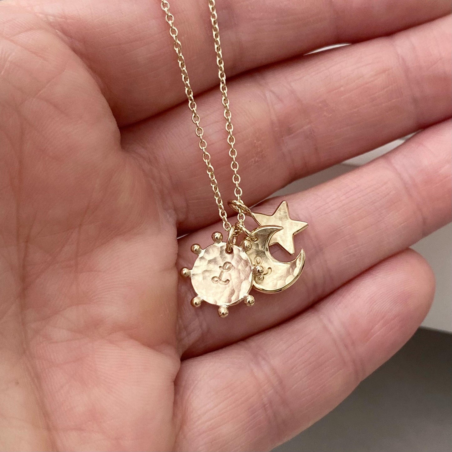SPECIAL ORDER - Handmade 9ct solid yellow gold sun, moon and star charm pendants on a 1.2mm trace chain