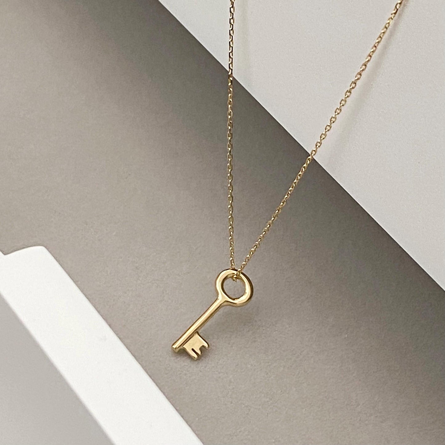 9ct solid yellow gold small and dainty key charm pendant and chain
