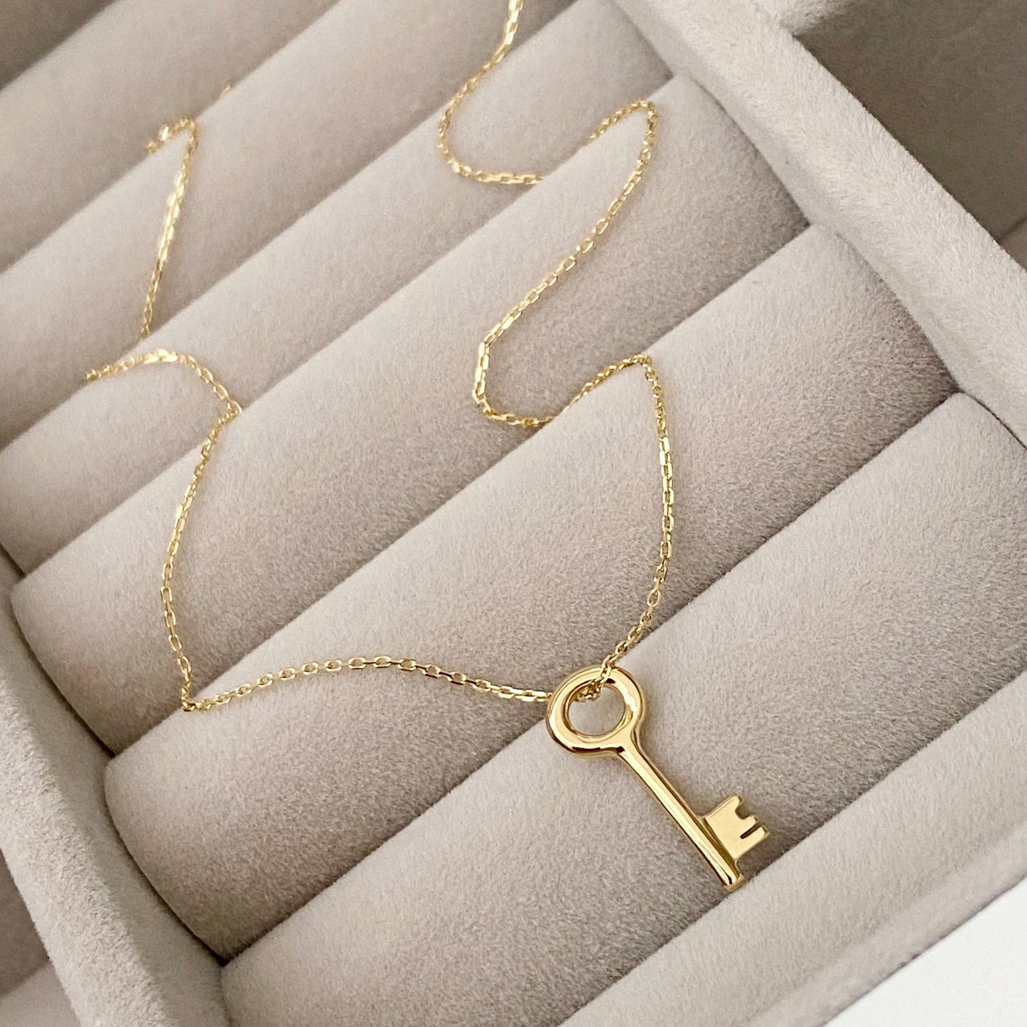 9ct solid yellow gold small and dainty key charm pendant and chain