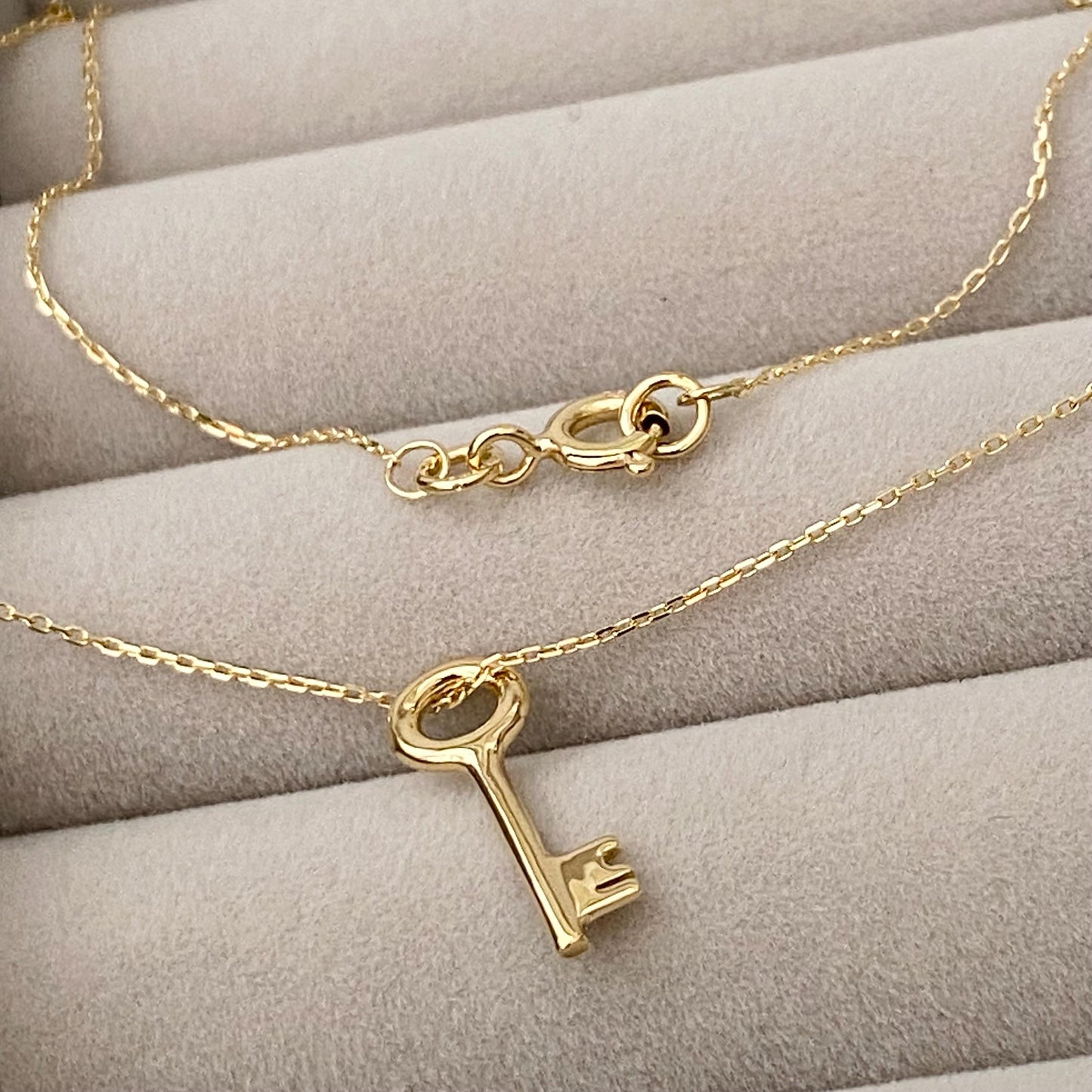 9ct solid yellow gold small and dainty key charm pendant and chain