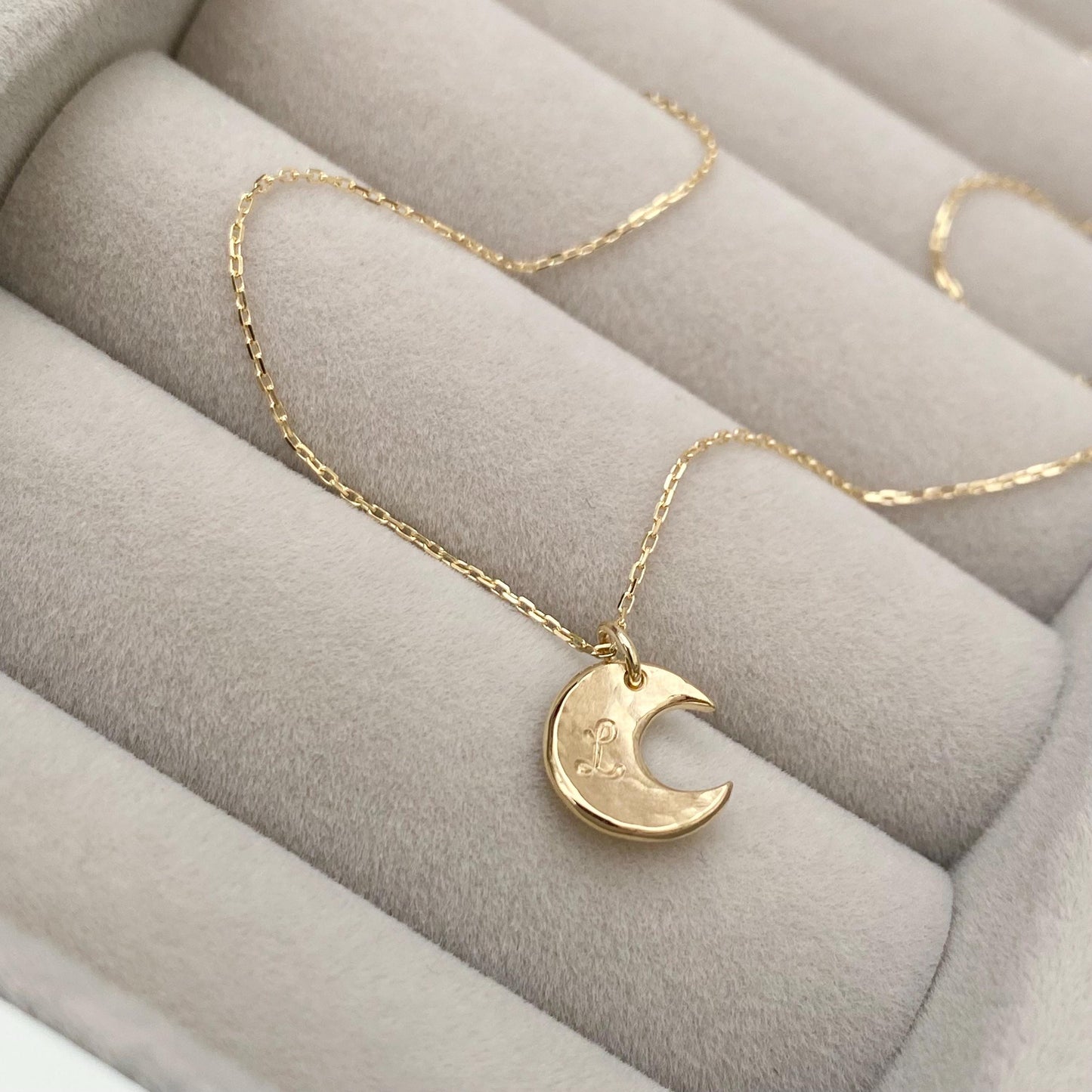 Handmade 9ct solid yellow, rose or white gold moon charm pendant and fine chain - Can be personalised with a letter