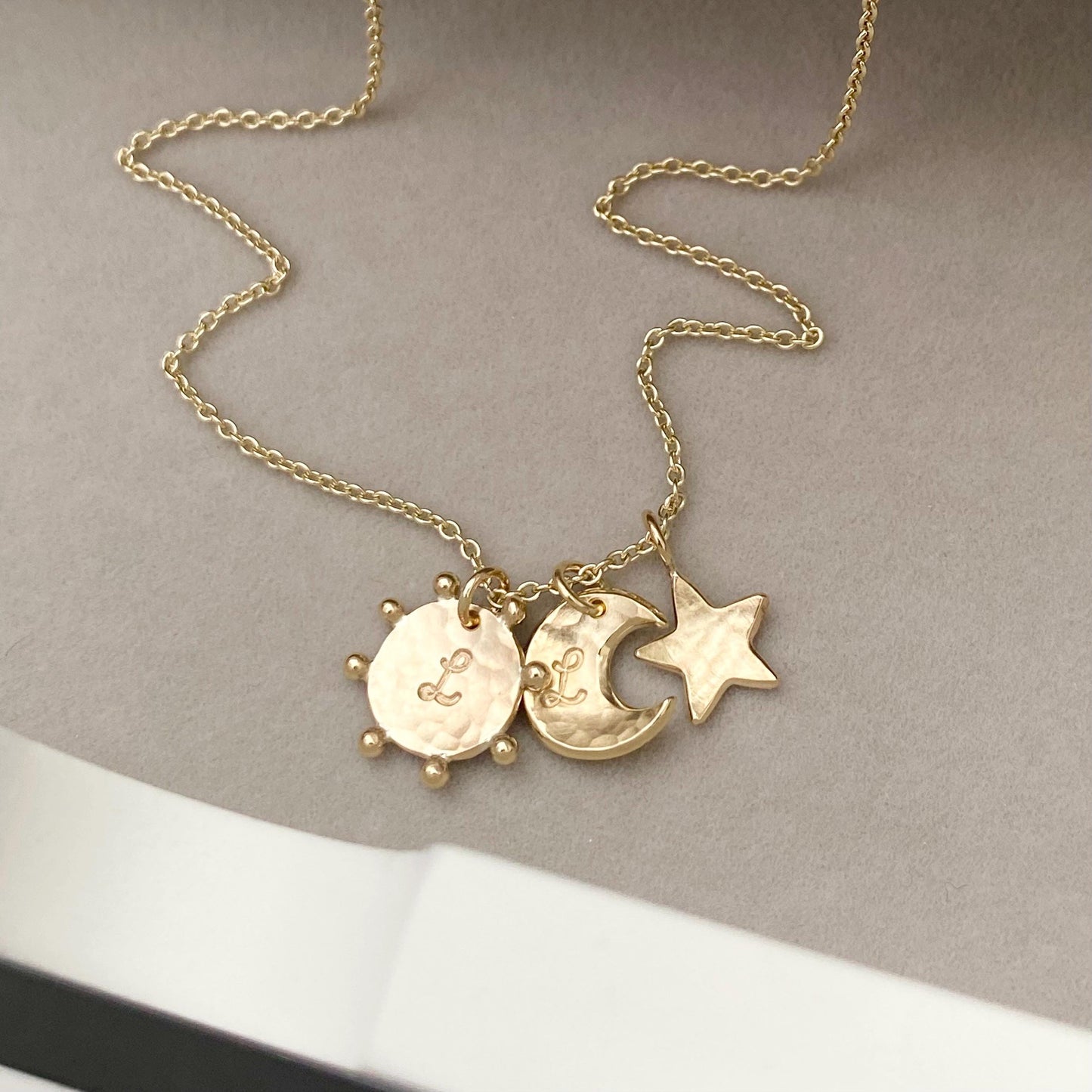 SPECIAL ORDER - Handmade 9ct solid yellow gold sun, moon and star charm pendants on a 1.2mm trace chain