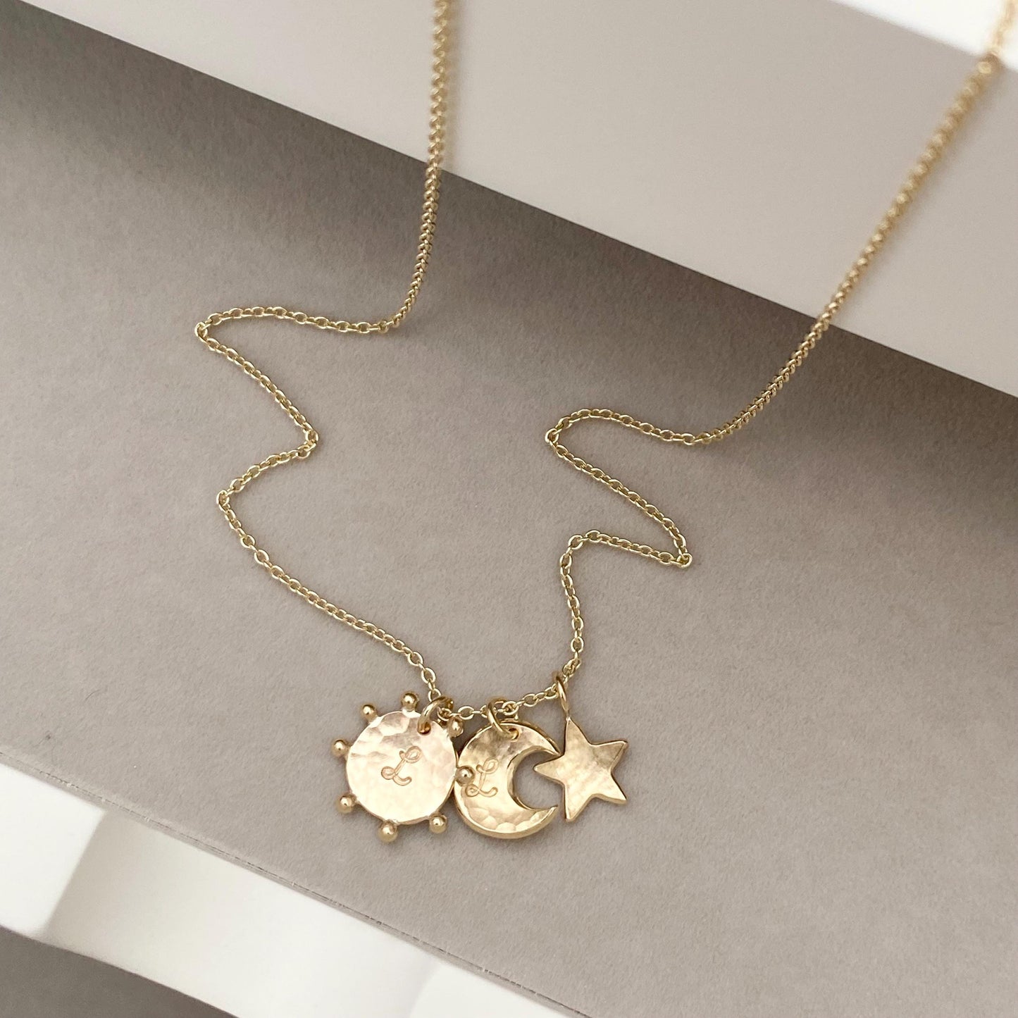 SPECIAL ORDER - Handmade 9ct solid yellow gold sun, moon and star charm pendants on a 1.2mm trace chain
