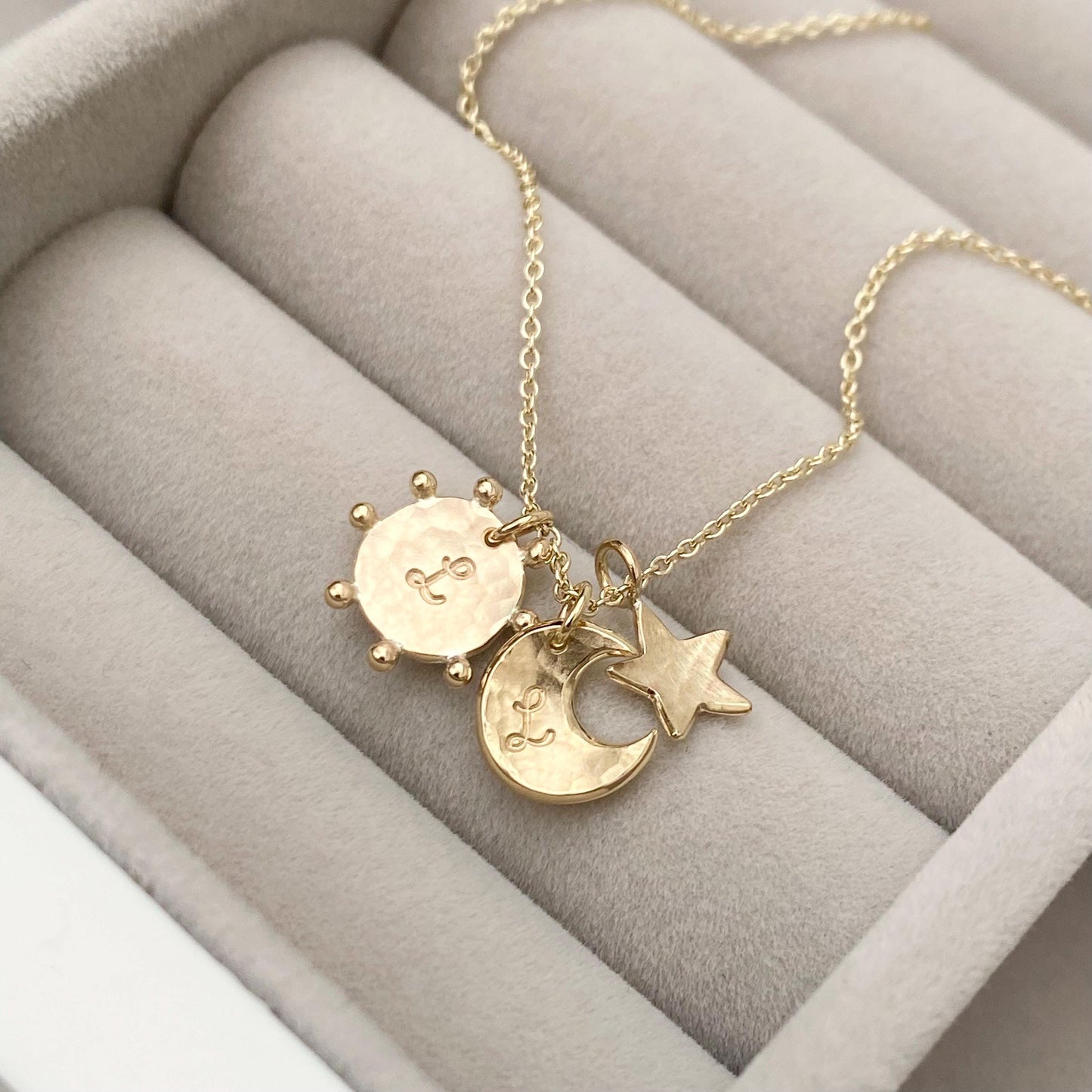 SPECIAL ORDER - Handmade 9ct solid yellow gold sun, moon and star charm pendants on a 1.2mm trace chain