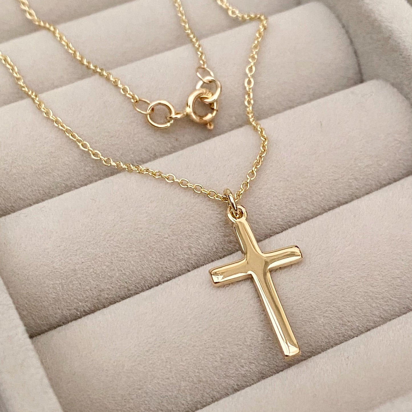 9ct solid yellow gold small cross pendant on a 1.2mm wide trace chain