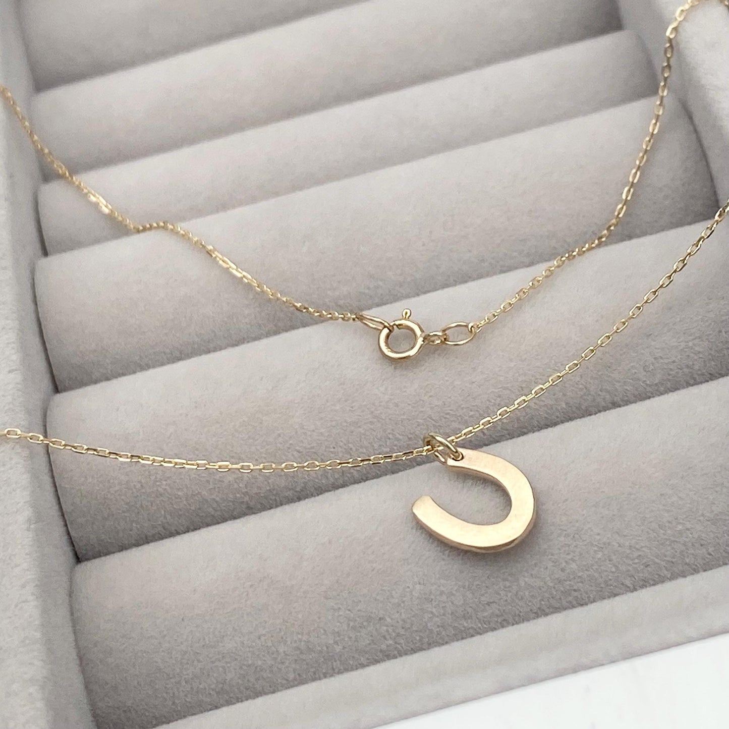 Handmade 9ct solid yellow, rose or white gold dainty lucky horse shoe charm pendant on a fine trace chain