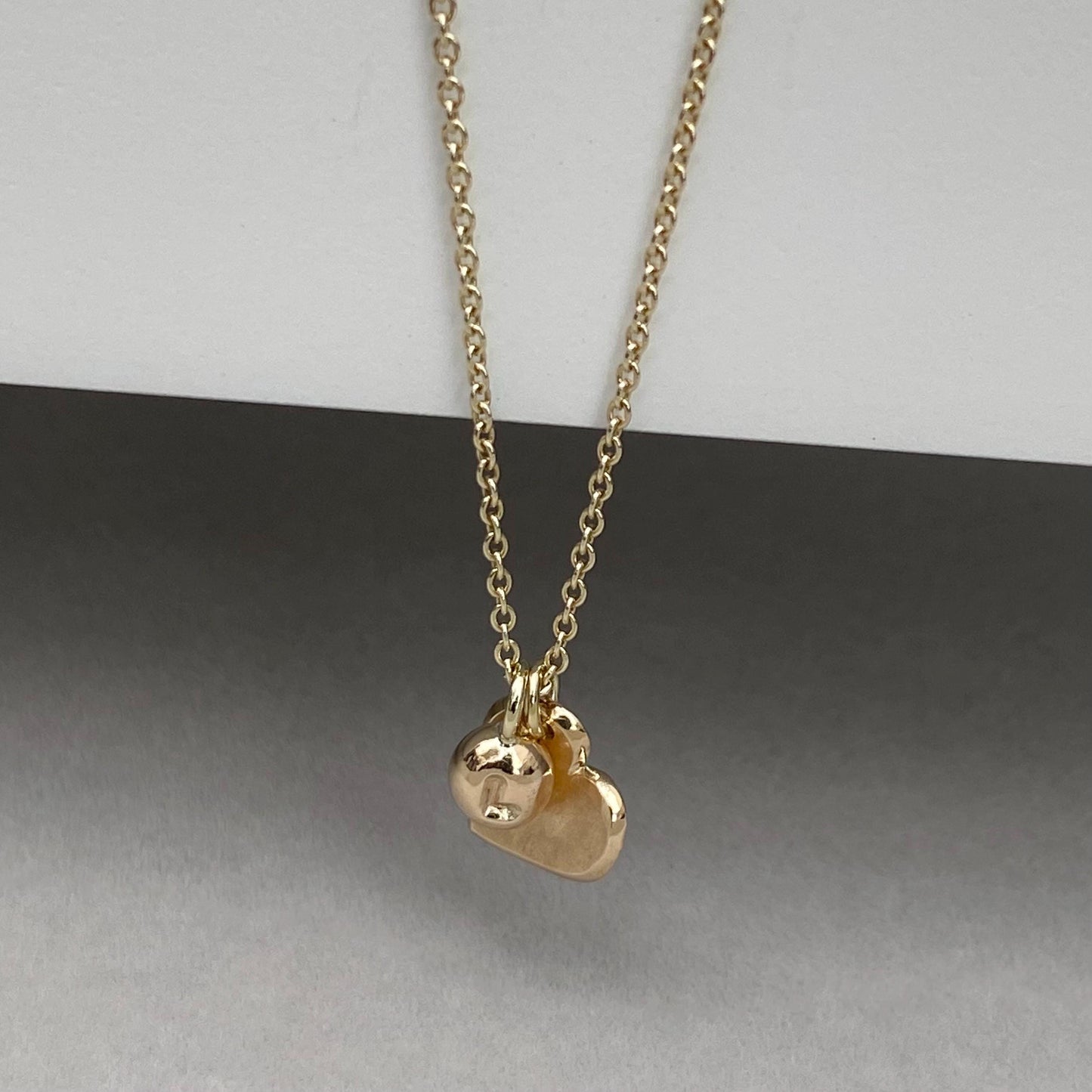 Handmade 9ct solid yellow, rose or white gold heart charm and tiny letter nugget pendant on a trace chain