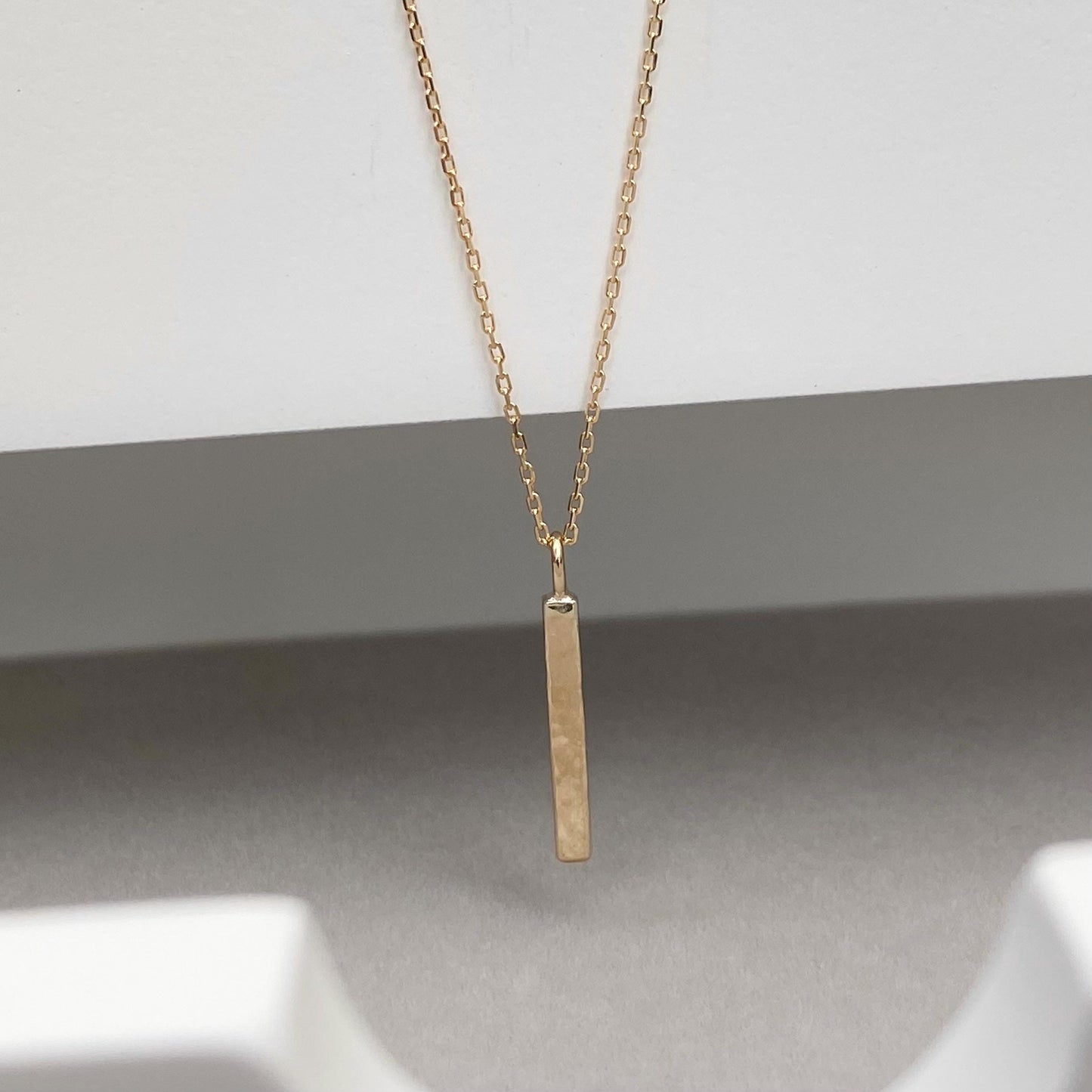 Handmade 9ct solid yellow, rose or white gold dainty ingot bar charm pendant on a fine trace chain