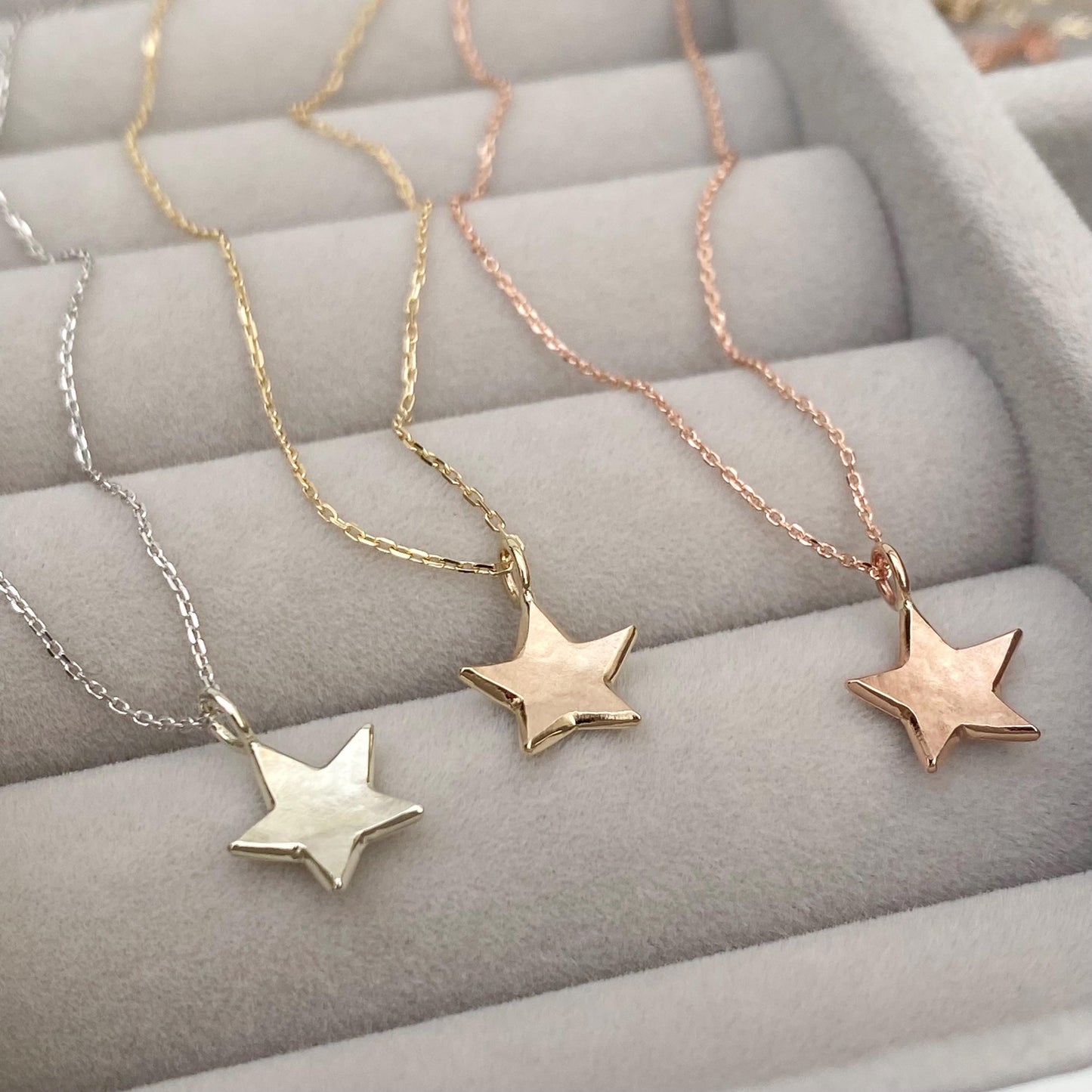 Handmade 9ct solid yellow, rose or white gold dainty star charm pendant and chain