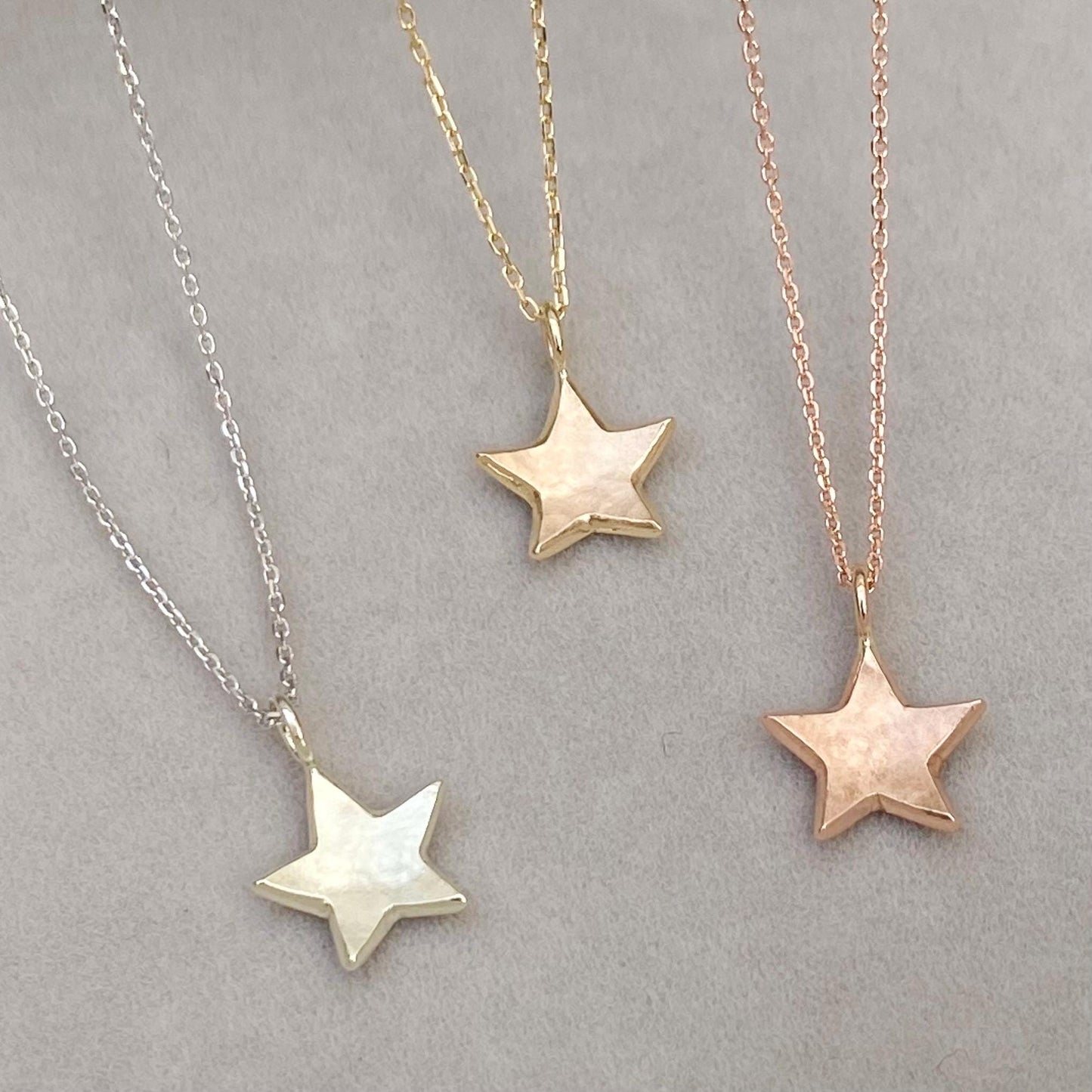 Handmade 9ct solid yellow, rose or white gold dainty star charm pendant and chain