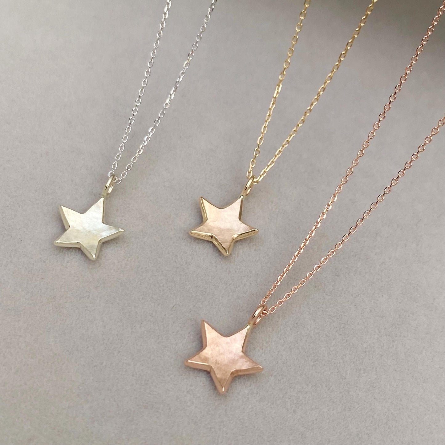 Handmade 9ct solid yellow, rose or white gold dainty star charm pendant and chain